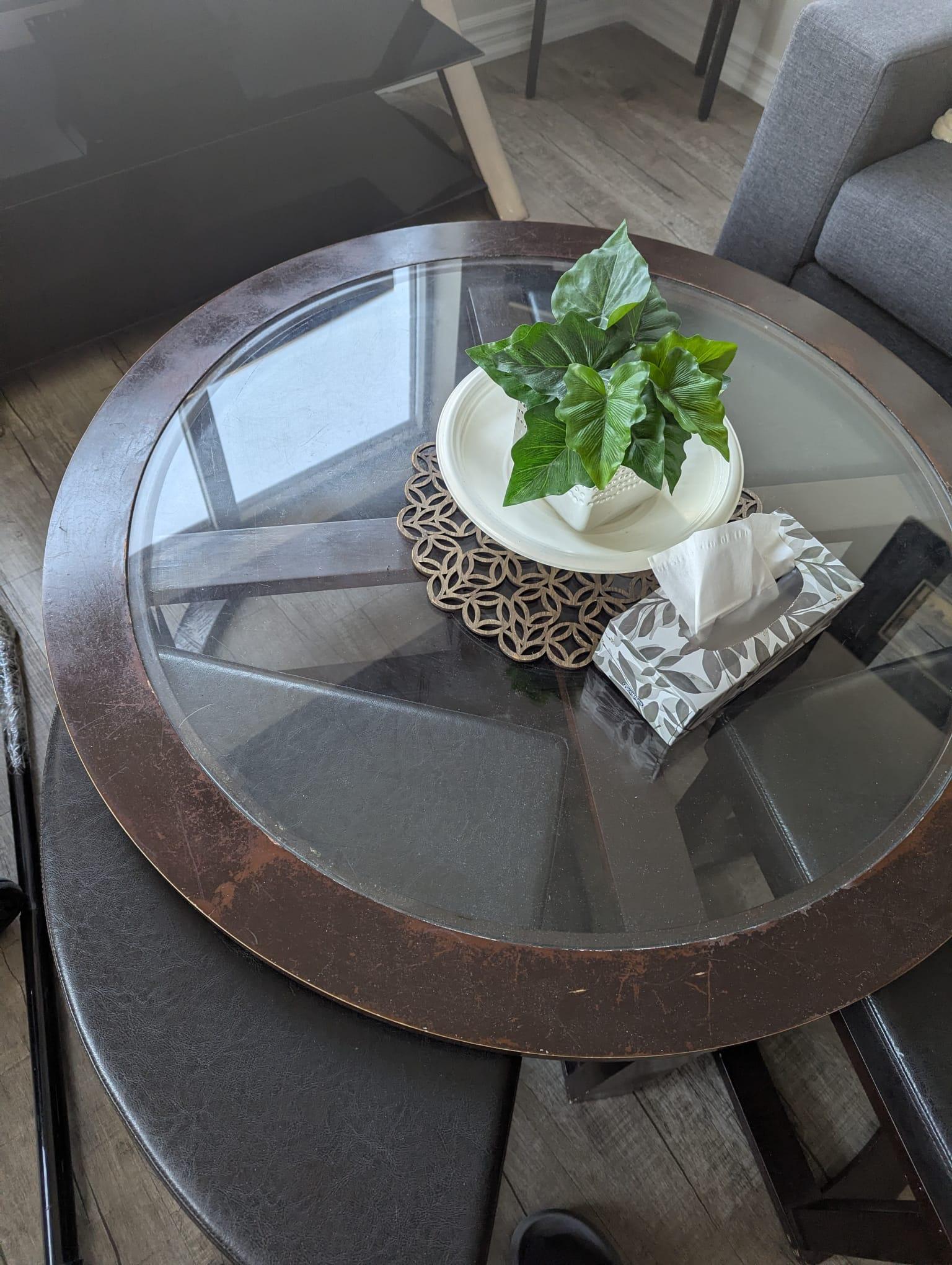 Wooden center table glass top with 4 leather stool