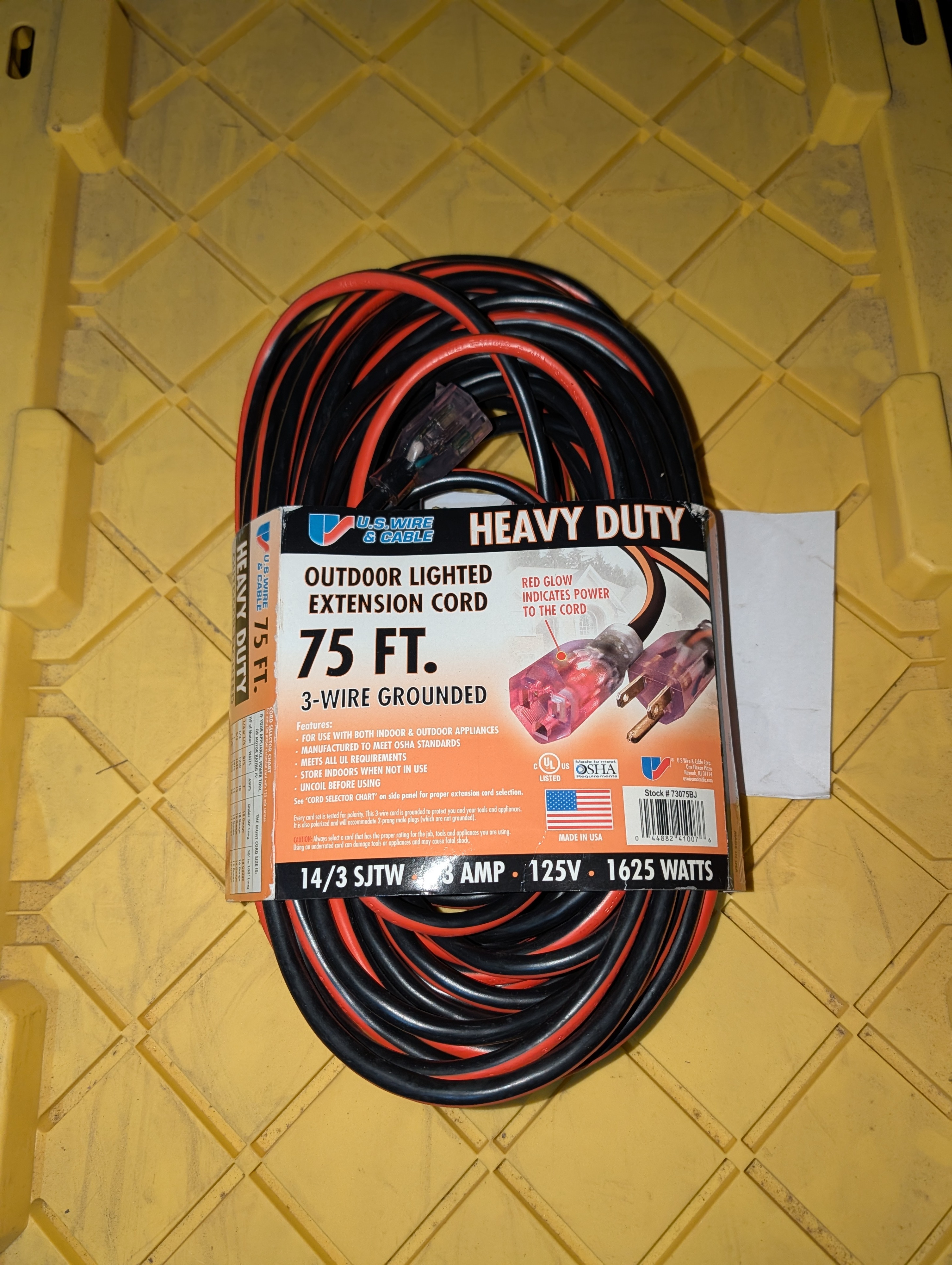 U.S. Wire & Cable 75 ft Outdoor Extension Cord, retail $75, COD