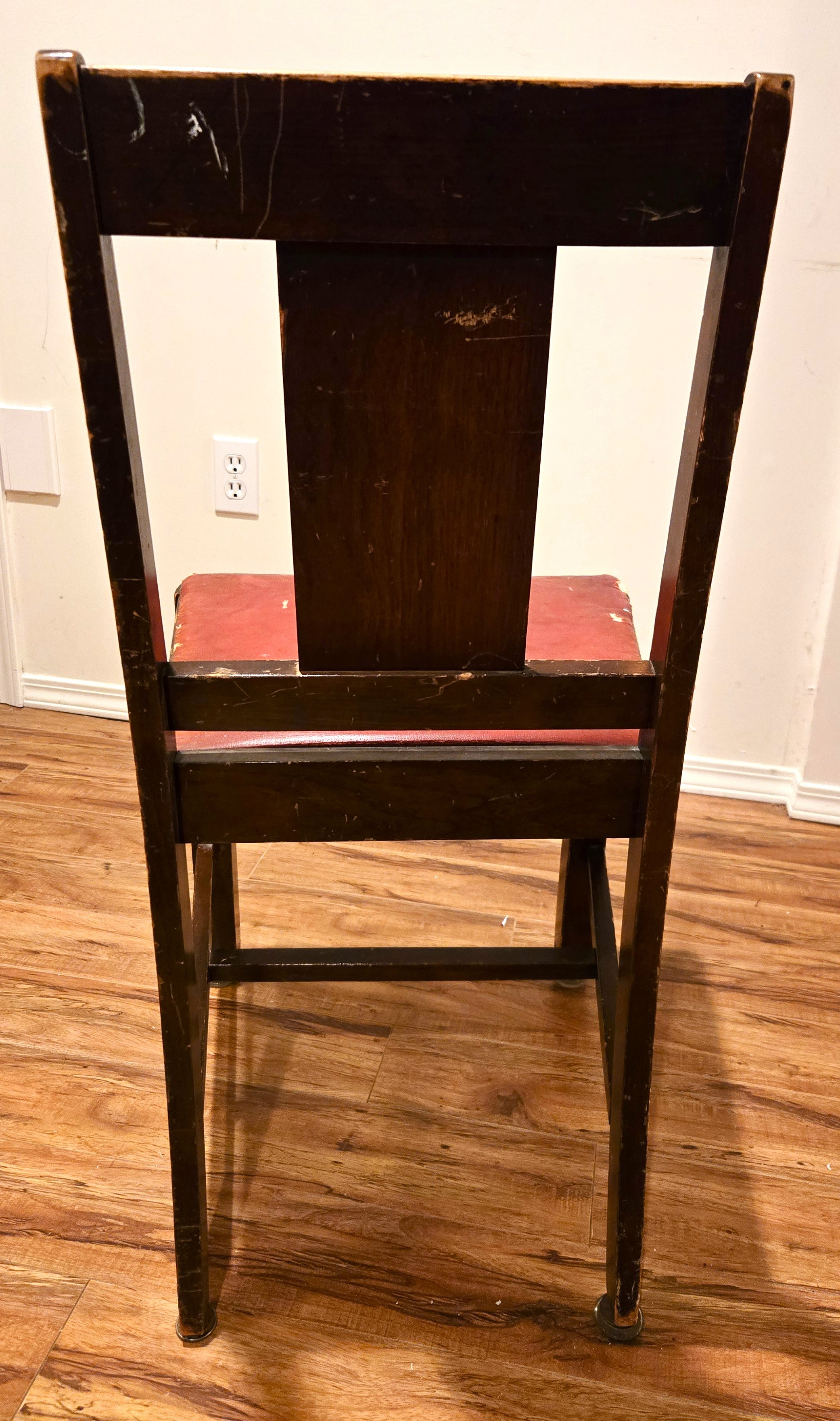 Antique Mission Oak Side Chair – Rare Red Rexine Seat - photo 2