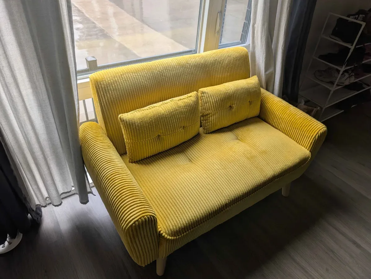 Yellow corduroy loveseat with mid-century modern styling - photo 3