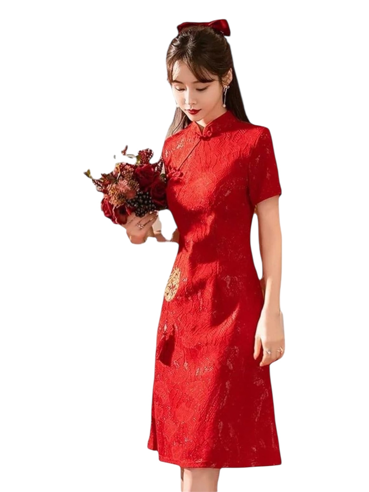 Red Floral Lace Shimmery Chinese Qipao Cheongsam Midi Dress Sz M - photo 2