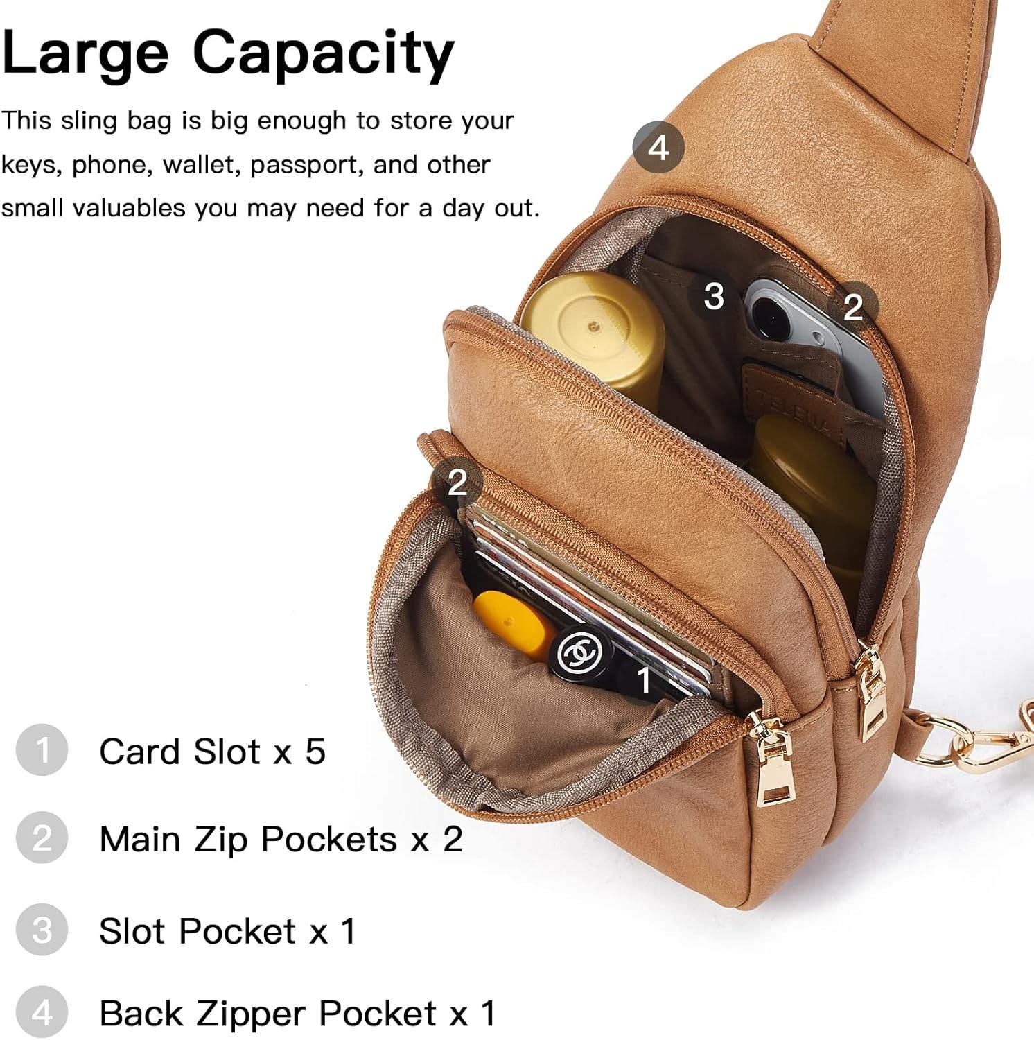 Leather Crossbody Sling Bag Fanny pack Backpack Camel Brown - photo 5