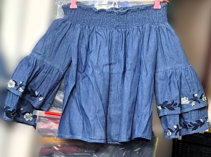 New Embroidered Off-Shoulder Denim Chambray Top - photo 2