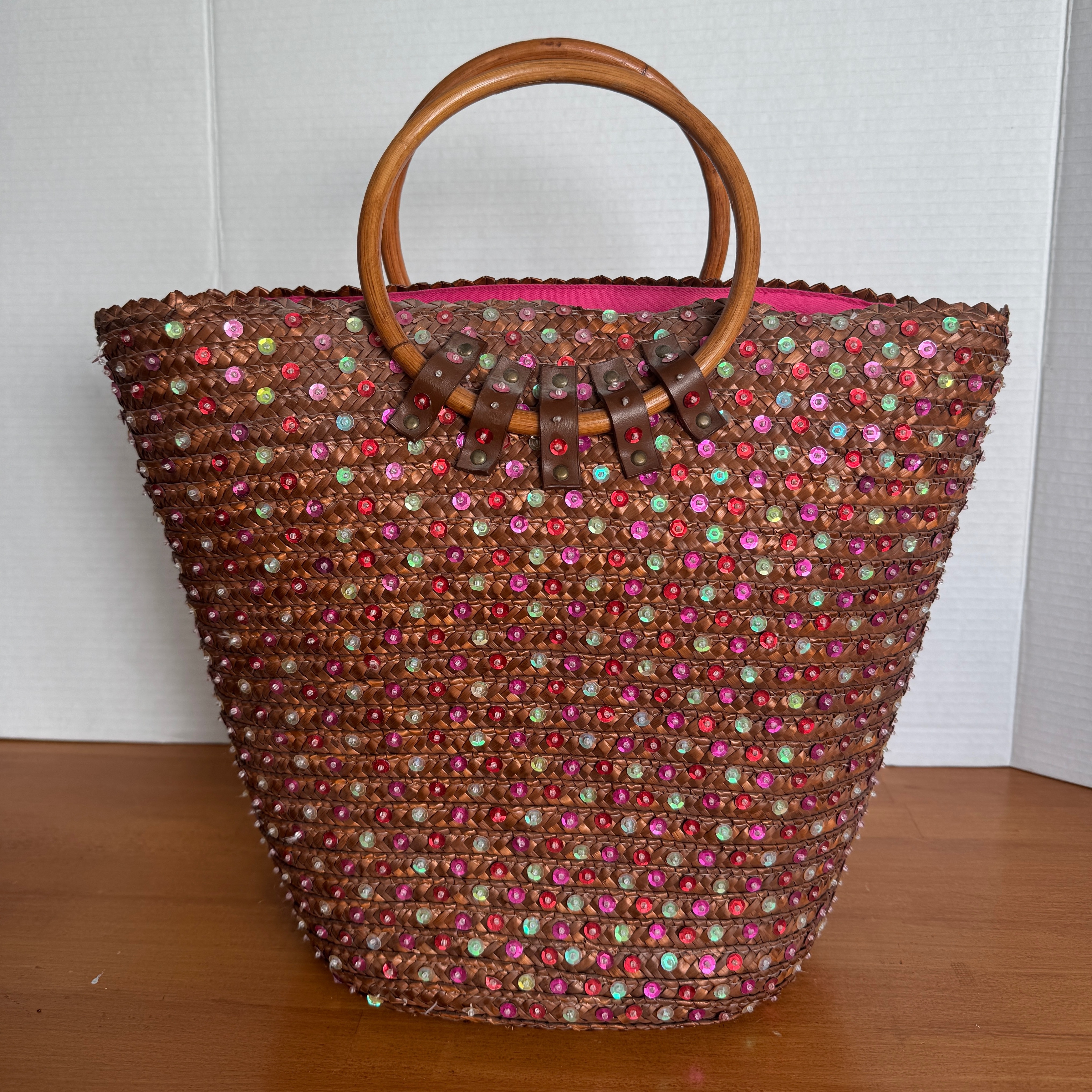 Vintage Woven Straw Tote Bag with Wood Handles