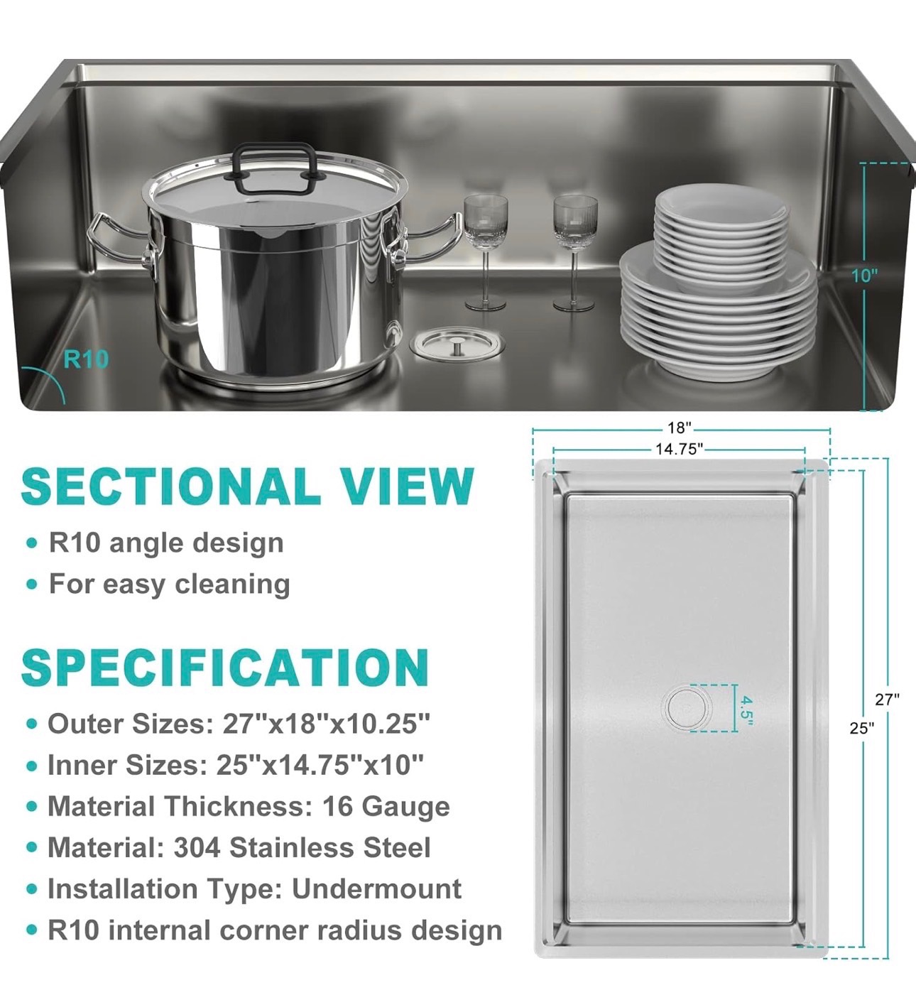 27x18” Kitchen Sink Stainless 16Gauge Undermount with Accessorie - photo 4