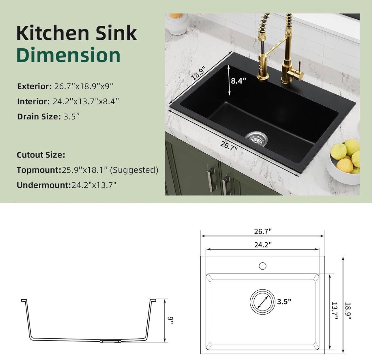 Granite Composite Kitchen Sink 27"x19" Dual Mount=Under/Drop-in - photo 4