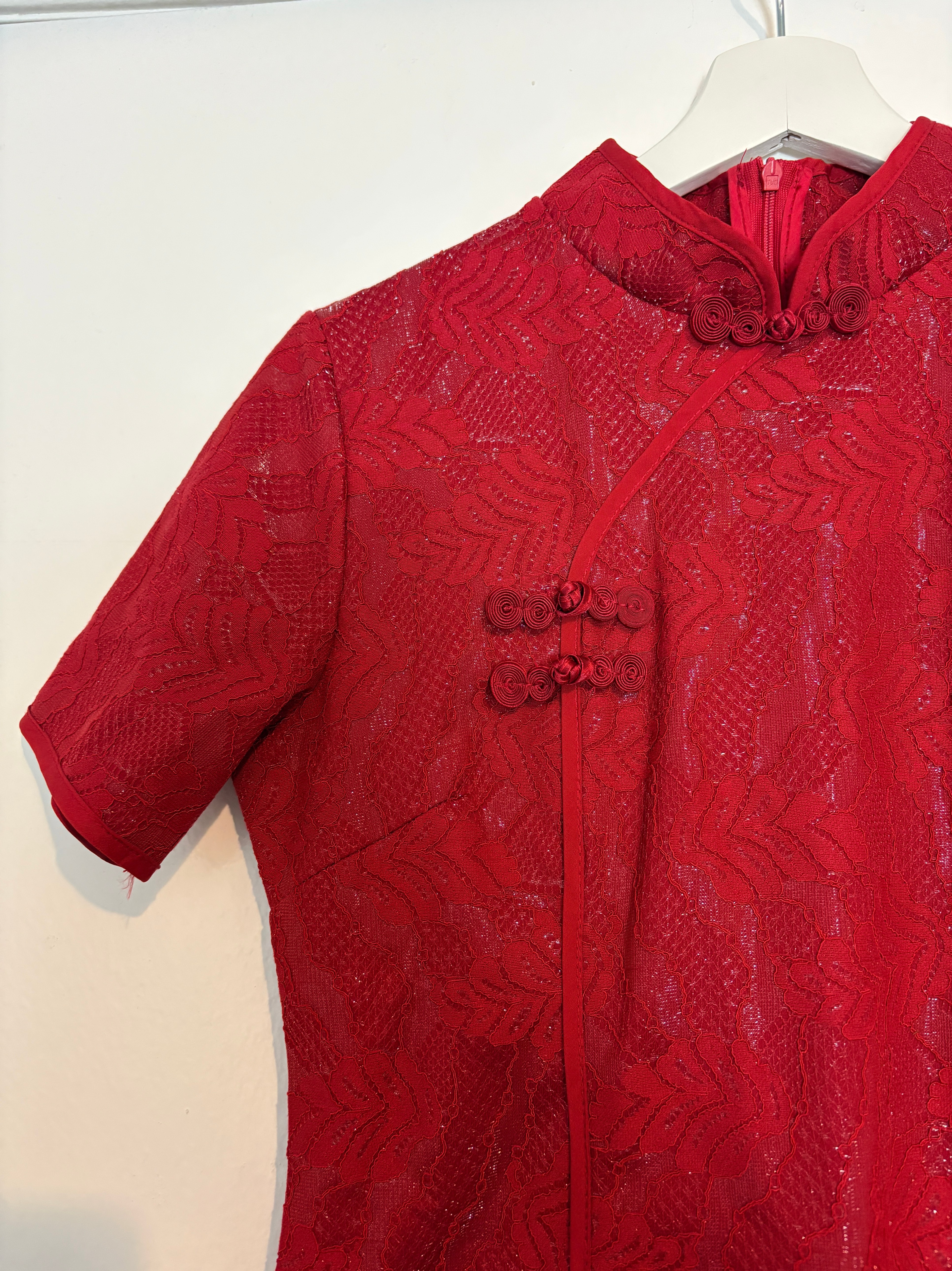 Red Floral Lace Shimmery Chinese Qipao Cheongsam Midi Dress Sz M - photo 5