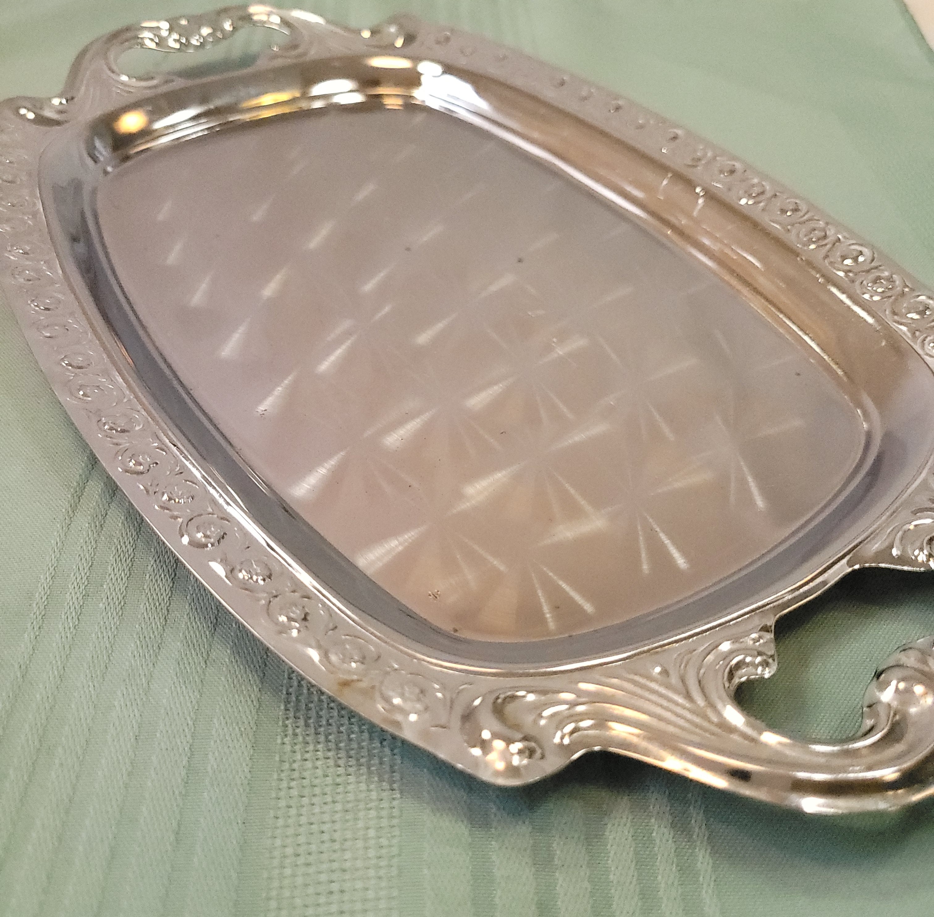 1970s Imports Japan Chrome Serving Tray Rose Border Sunburst
