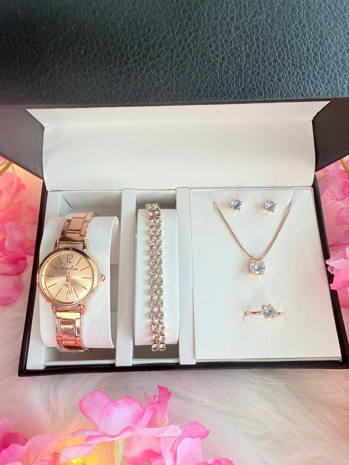 Rose gold jewelry set in a leather gift set