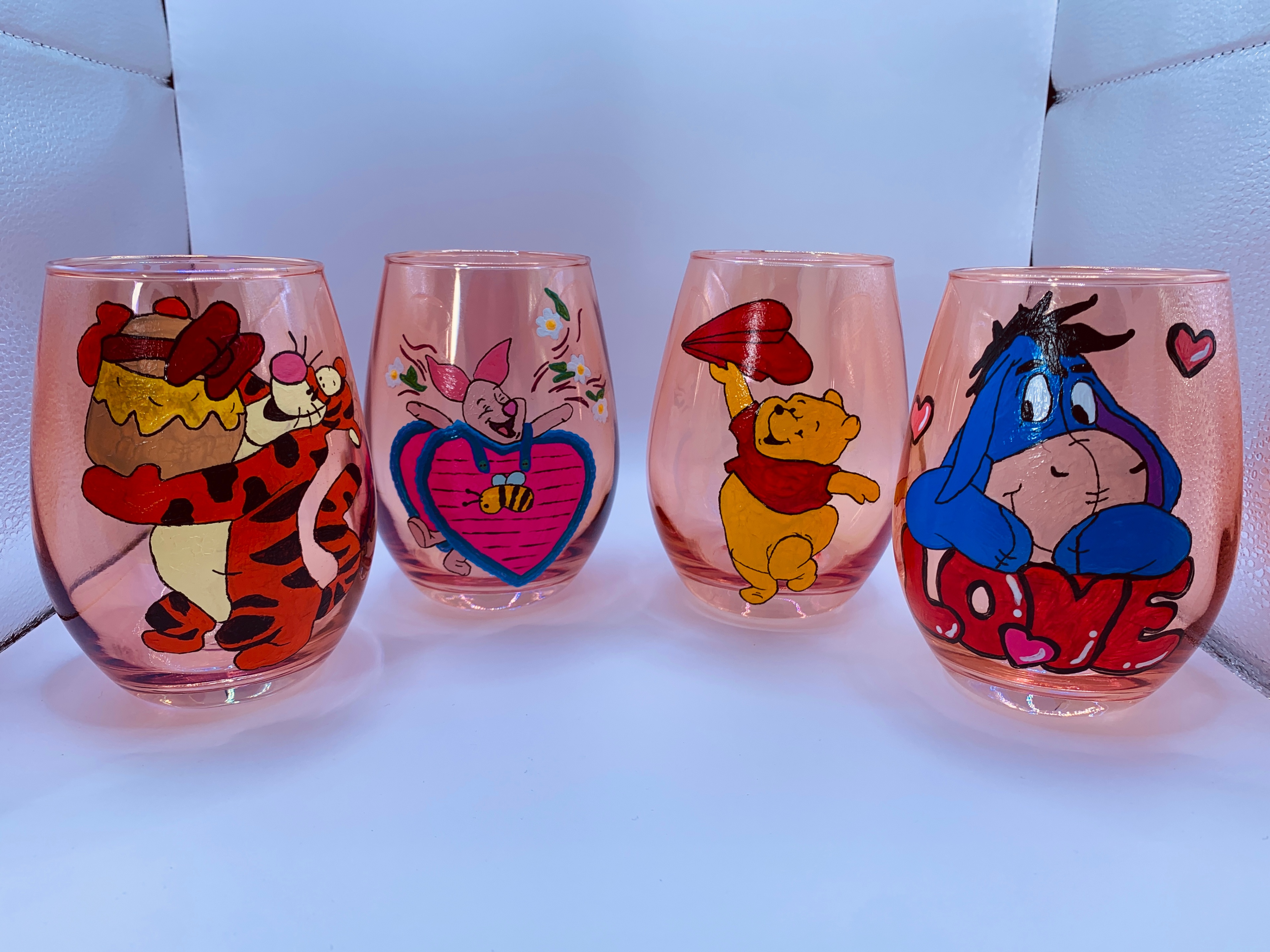 Hand Painted Winnie the Pooh Stemless Wine Glasses - Set of 4