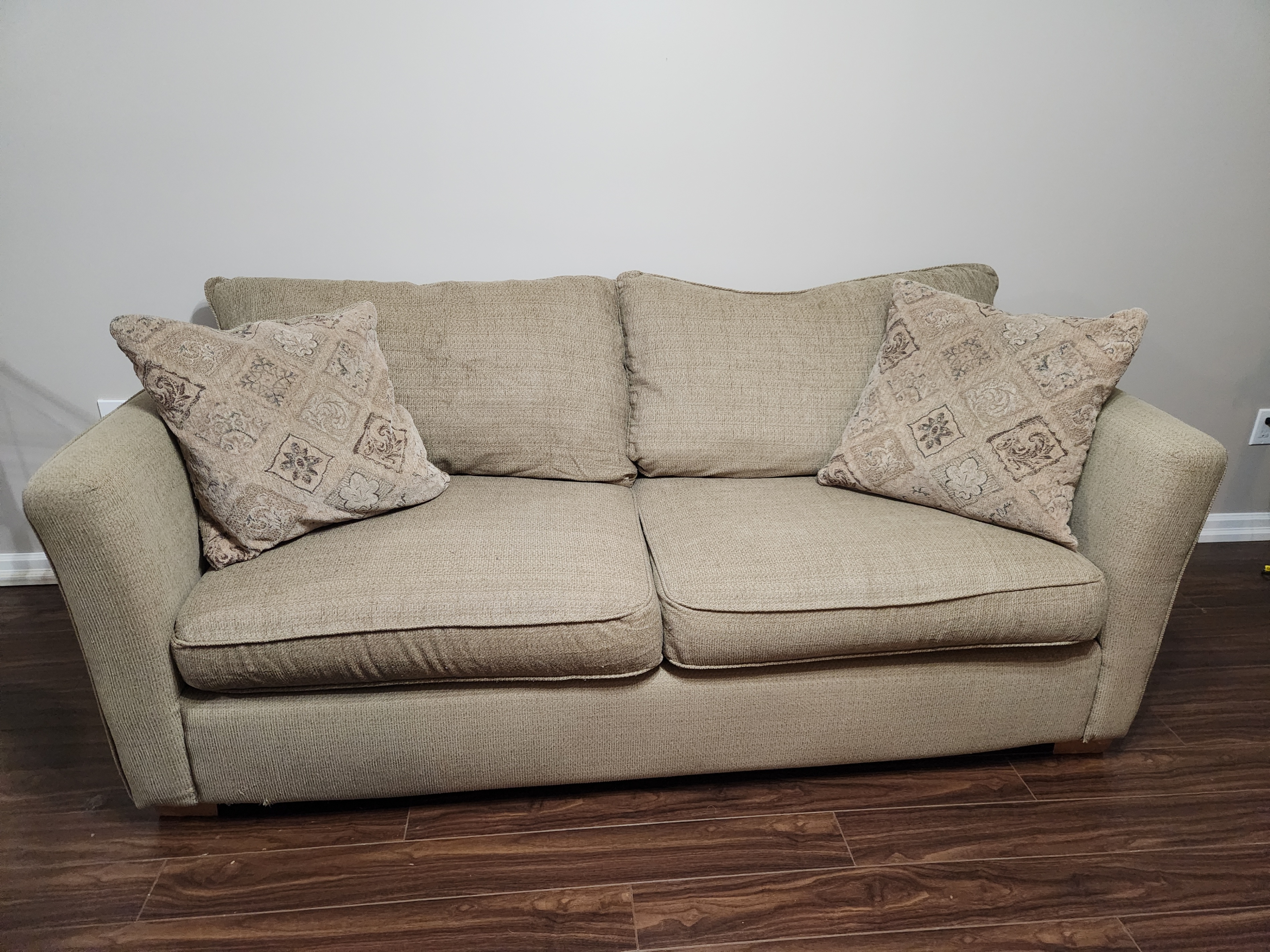 Beige Patterned Sleeper Sofa, Loveseat and Armchair