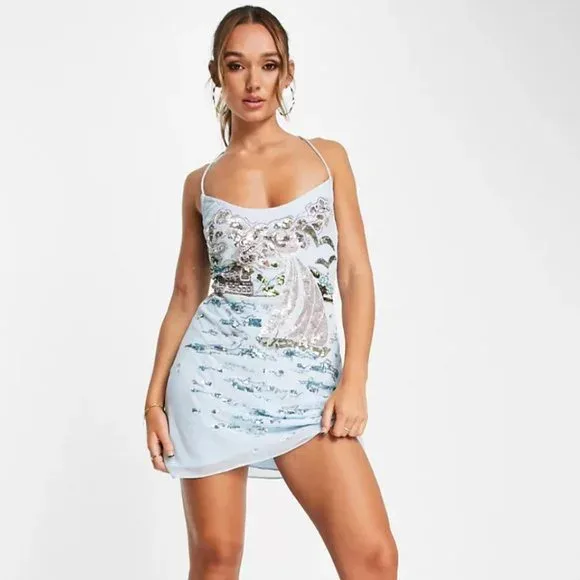 Slip mini dress with sequin artwork embellishment in blue