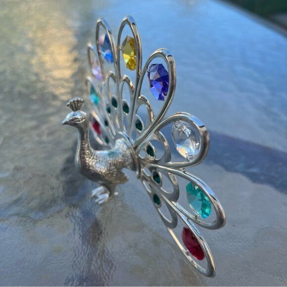 Silver Plated Peacock Figurine Multicolored Swarovski Crystals - photo 5