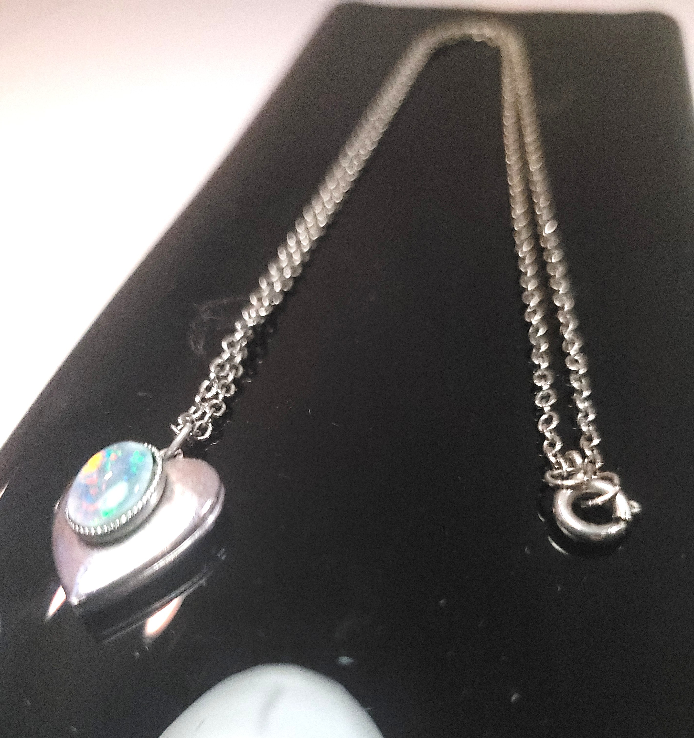 1970s Silver Tone Heart Locket Necklace Faux Opal Cabochon 18.5"