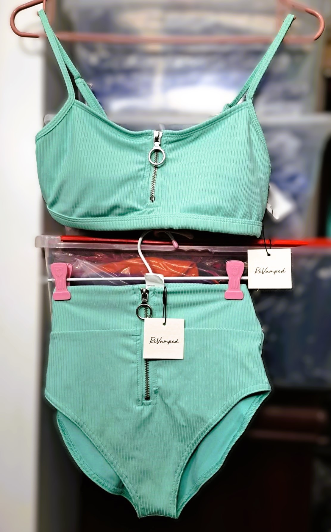 Brand New w/Tags Mint Ribbed Zipper Mint Green Bikini Set