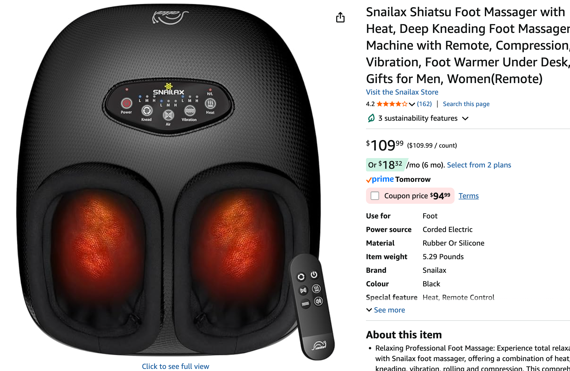 Snailax Shiatsu Foot Massager w/ Heat & Remote - photo 3