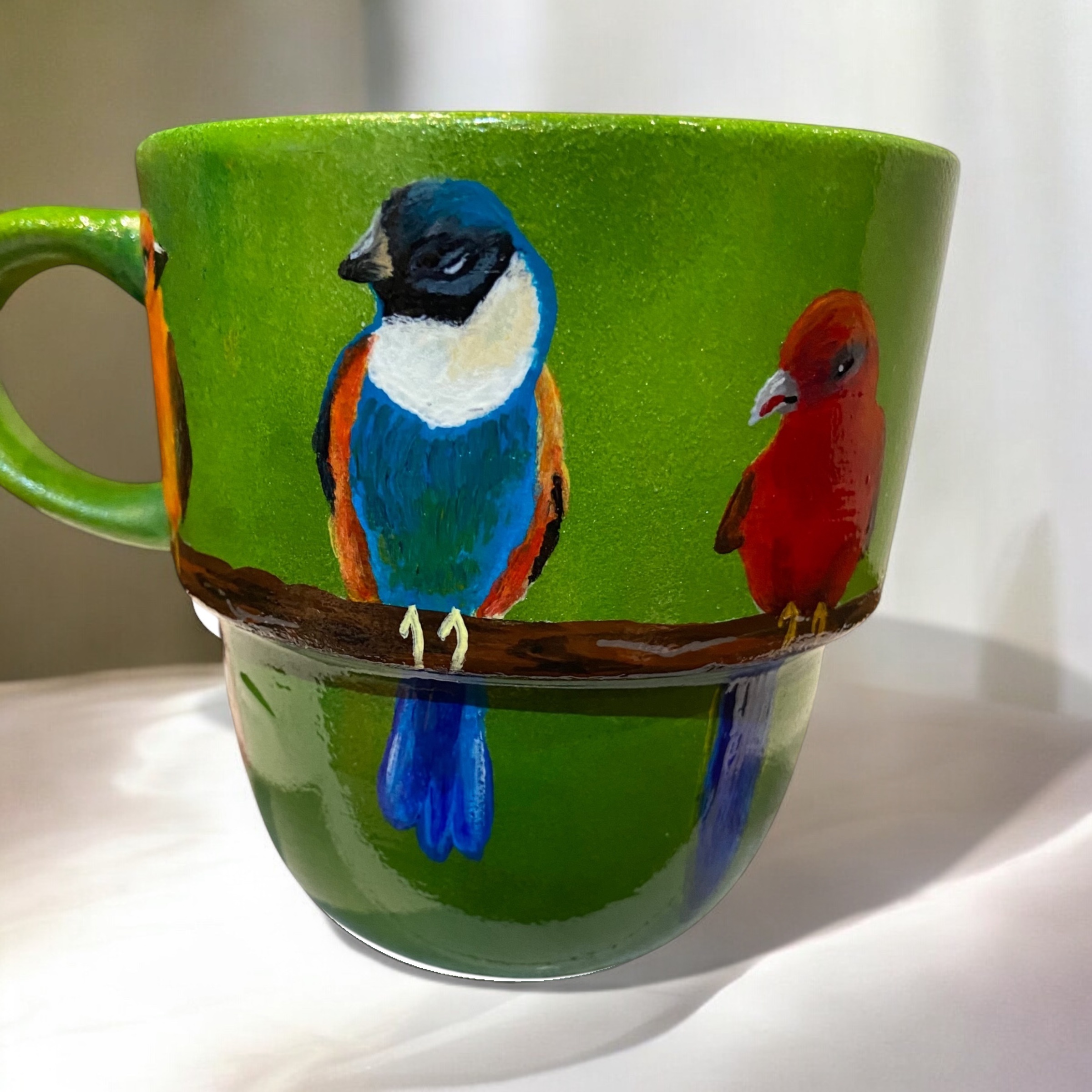 Hand-Painted Green Bird Mug