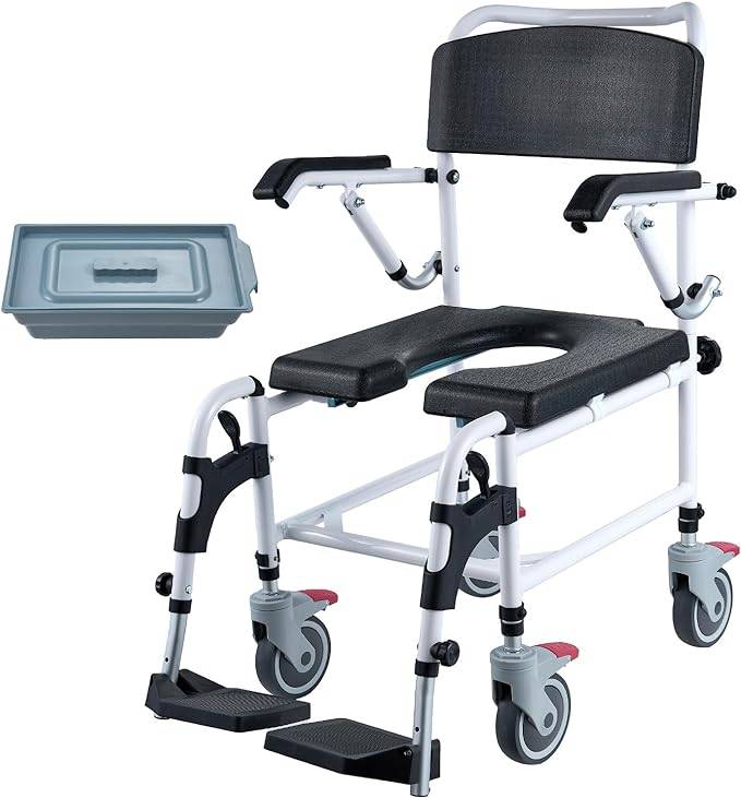 Shower Commode Wheelchair with 4 Lockable Wheels