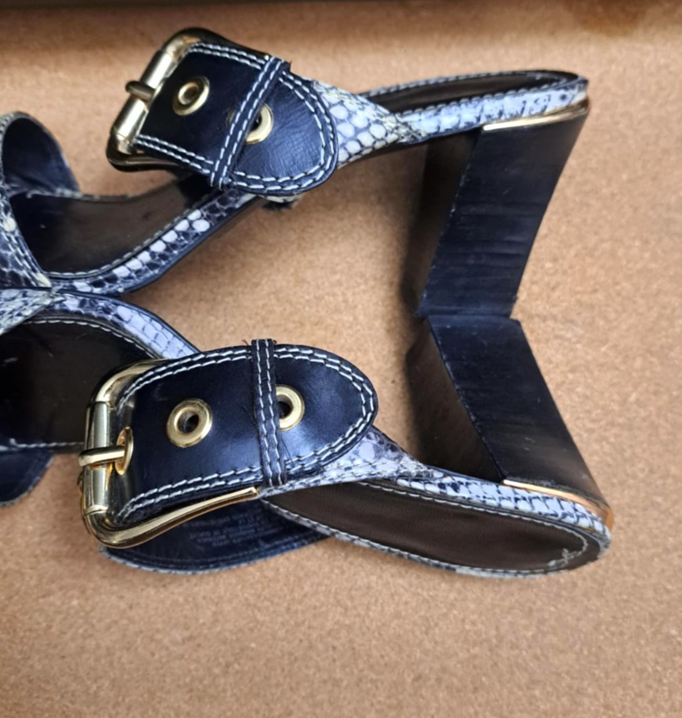 Franco Sarto Genuine Leather Snake Print Bold Gold Buckle Slides - photo 4