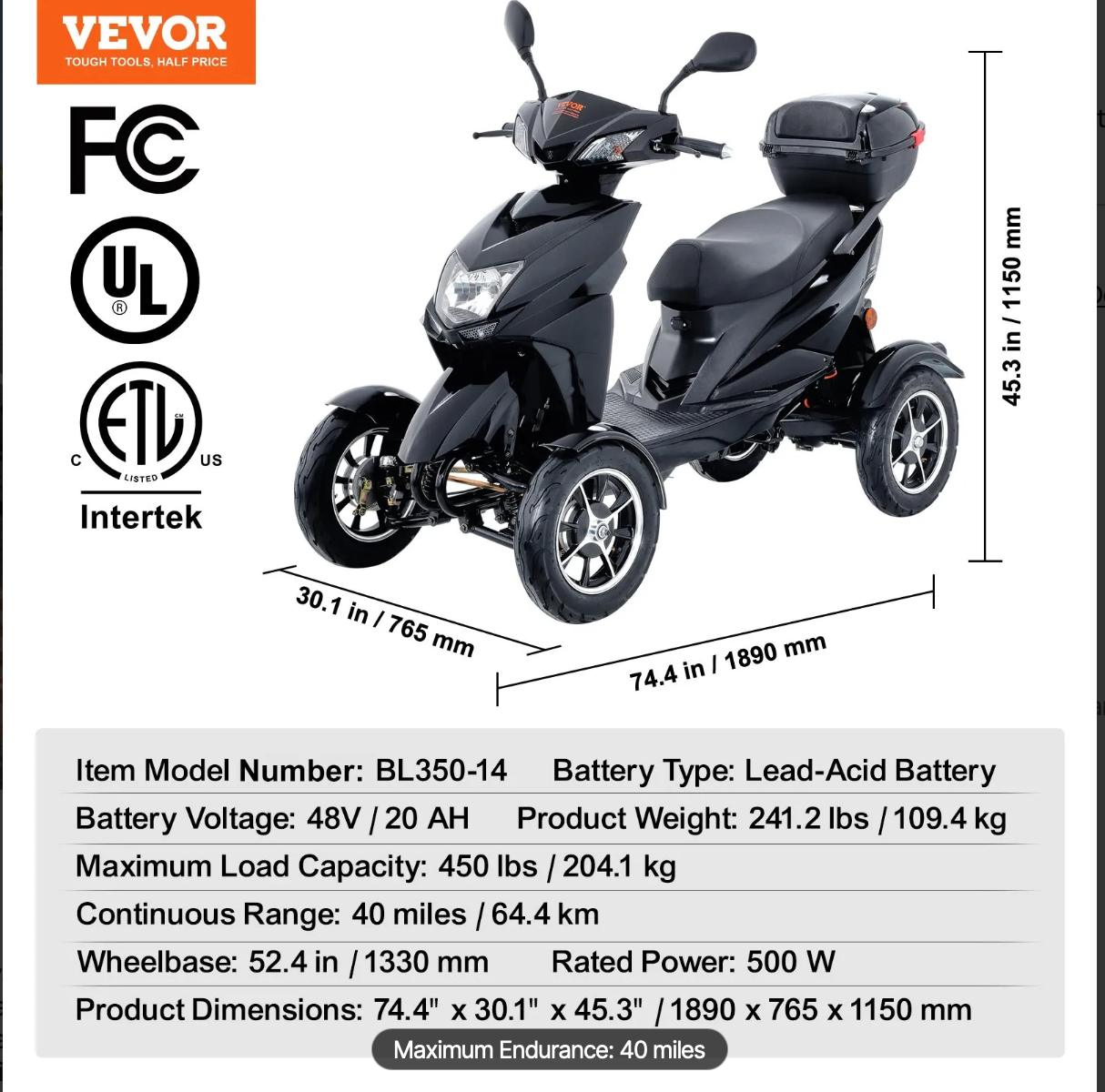 VEVOR 4-Wheel Electric Mobility Scooter 500W | Open Box - photo 5