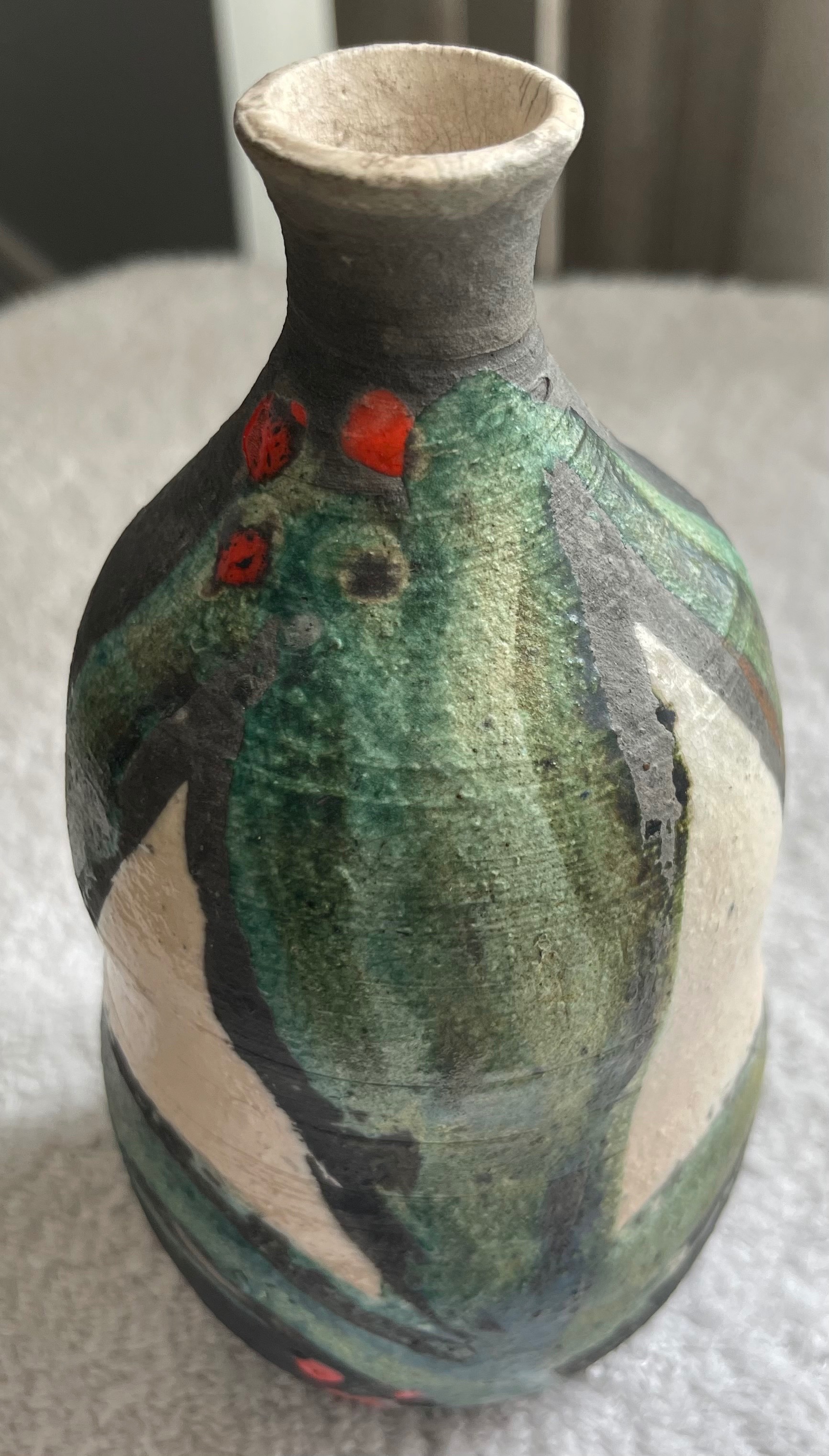 Signed Japanese Matte Vase — Charcoal, Green, Ivory  & Red