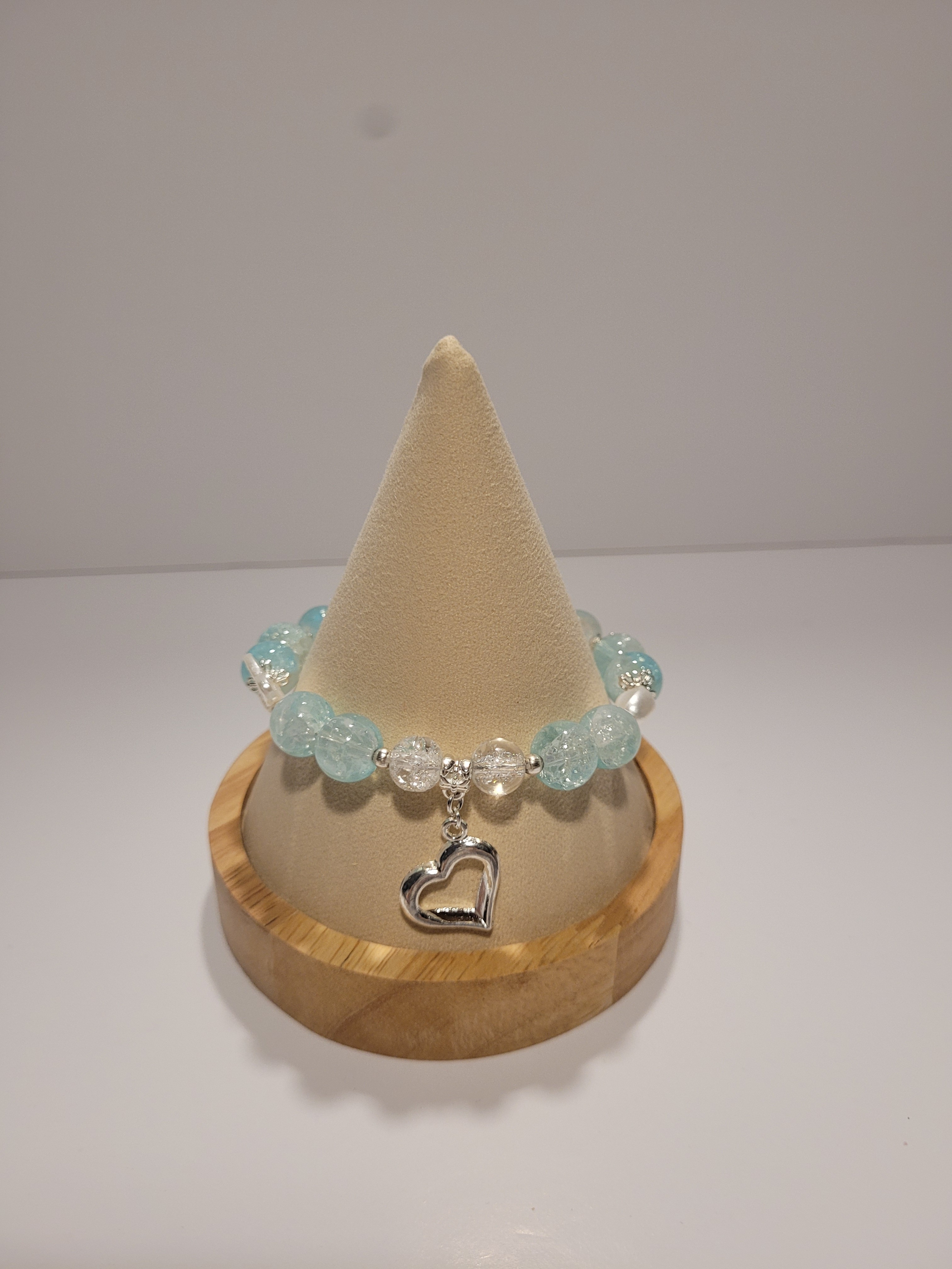 Beaded Bracelet with Heart Charm - Light Blue