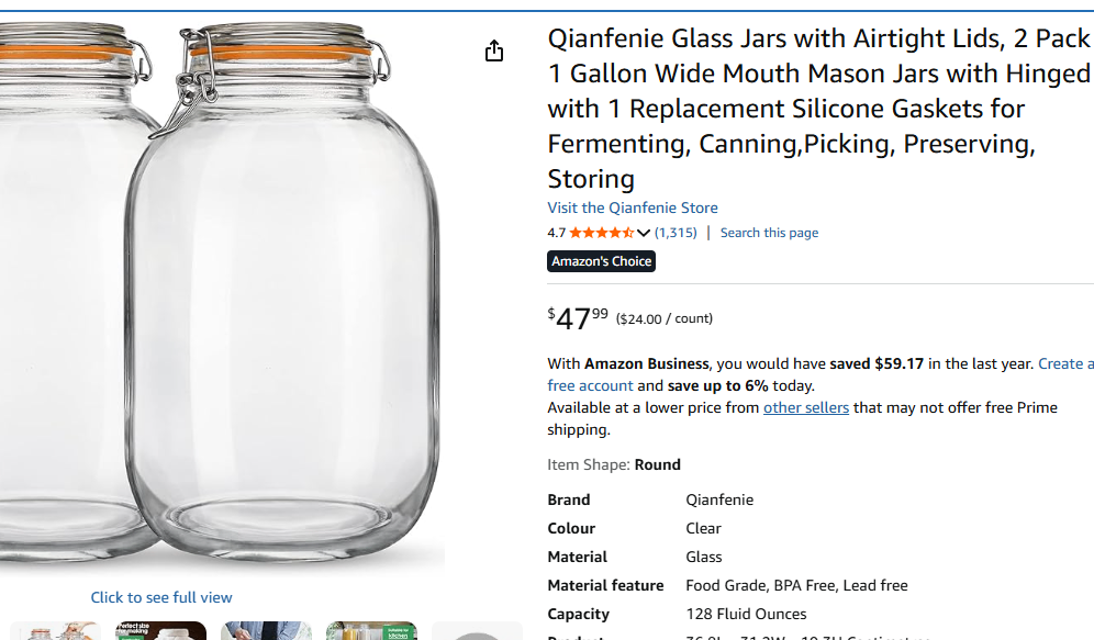 NEW 2 Pack - 1 Gallon Wide Mouth Mason Jars with Hinged - photo 5