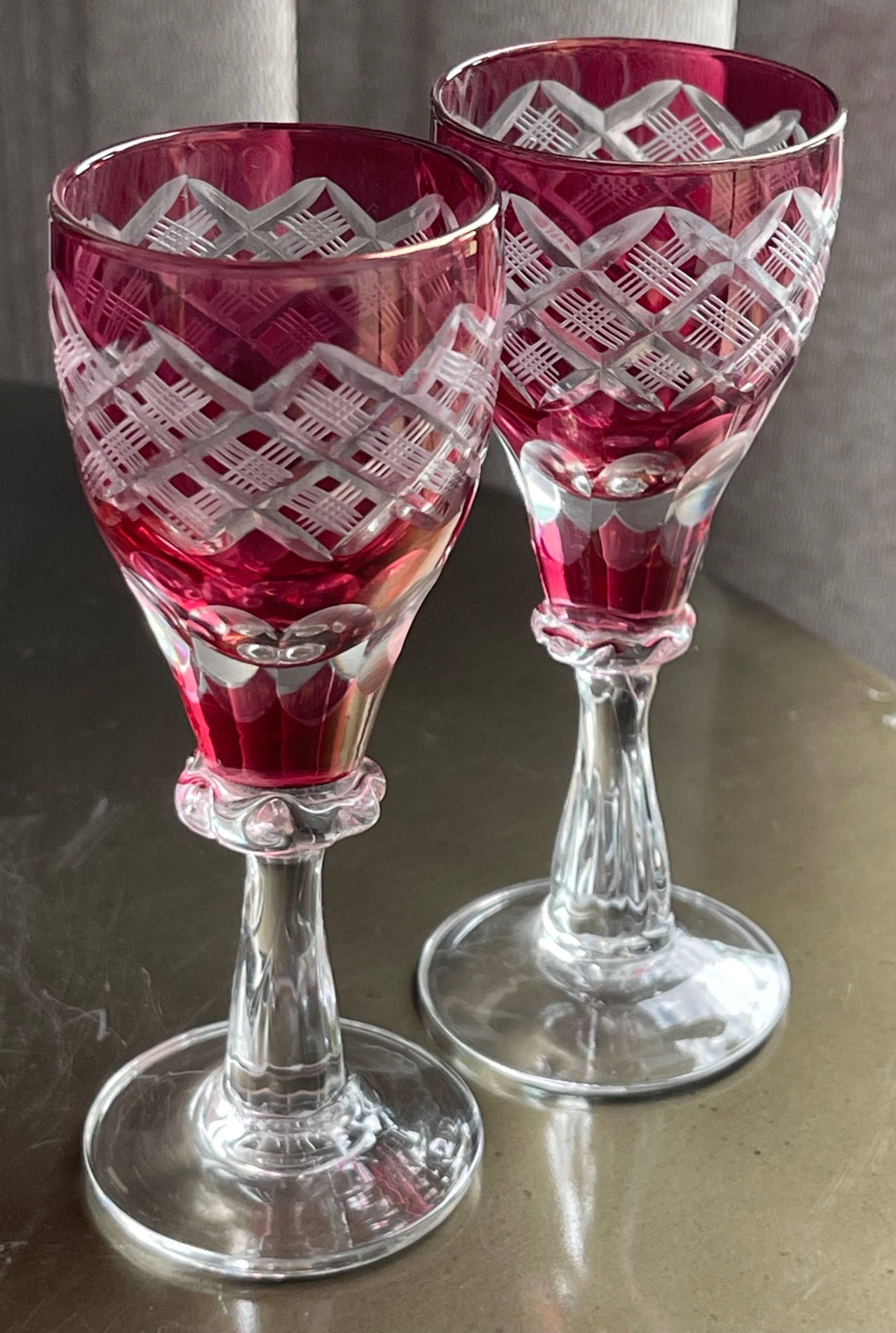 2 Vintage 4" Cranberry Cut-to-Clear Crystal Glasses