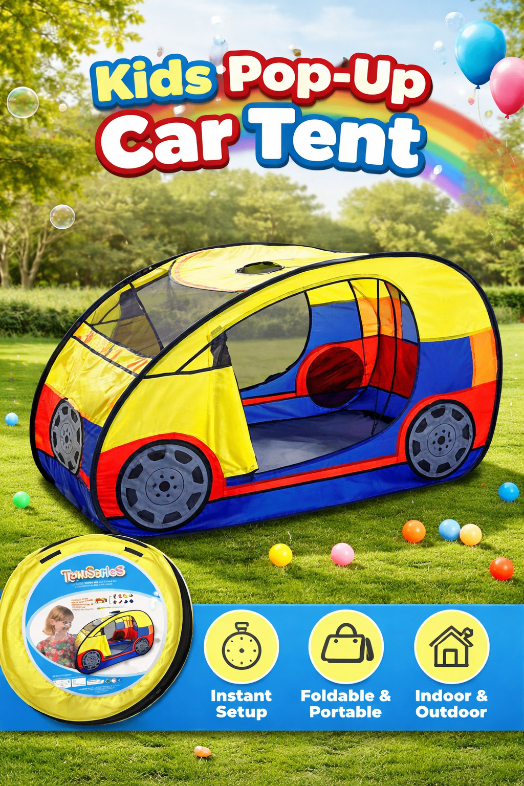 Kids Pop-Up Car Play Tent – Foldable Indoor & Outdoor Playhouse