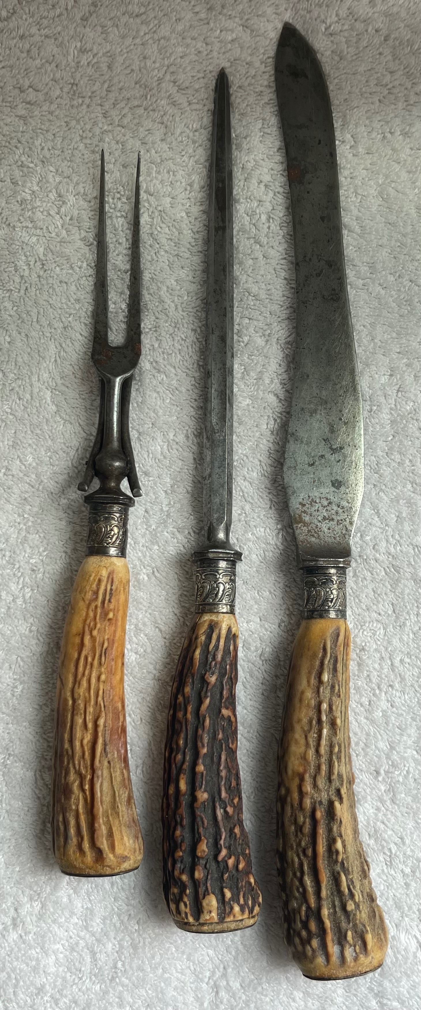 Antique 3-Pc E.M. Dickinson Stag Horn Carving Set (As-Is)