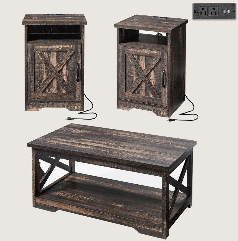 3 - Piece Farmhouse Living Room Table Set,Dark Oak - New in box
