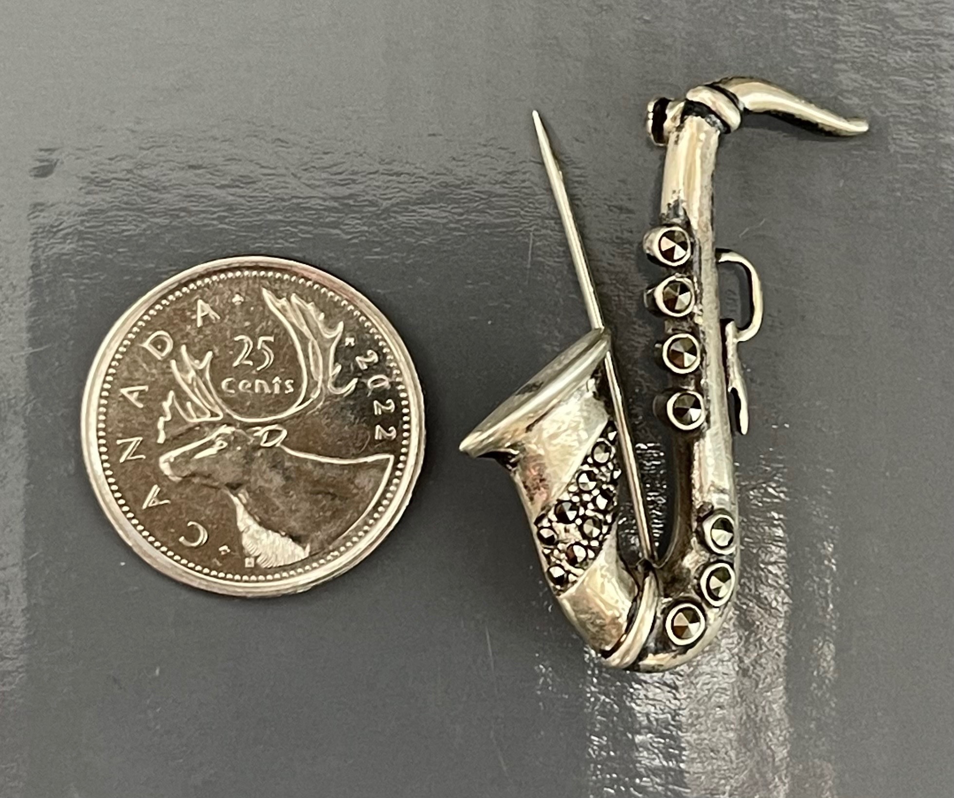 Vintage Sterling Silver Saxophone Brooch - Marcasite Accents - photo 4