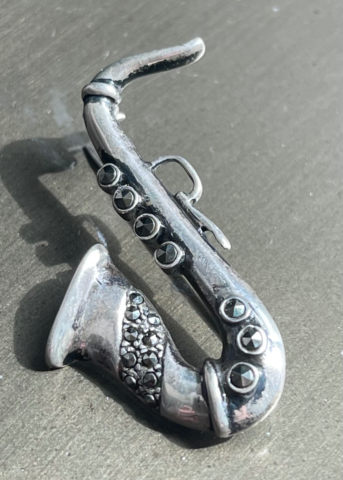 Vintage Sterling Silver Saxophone Brooch - Marcasite Accents
