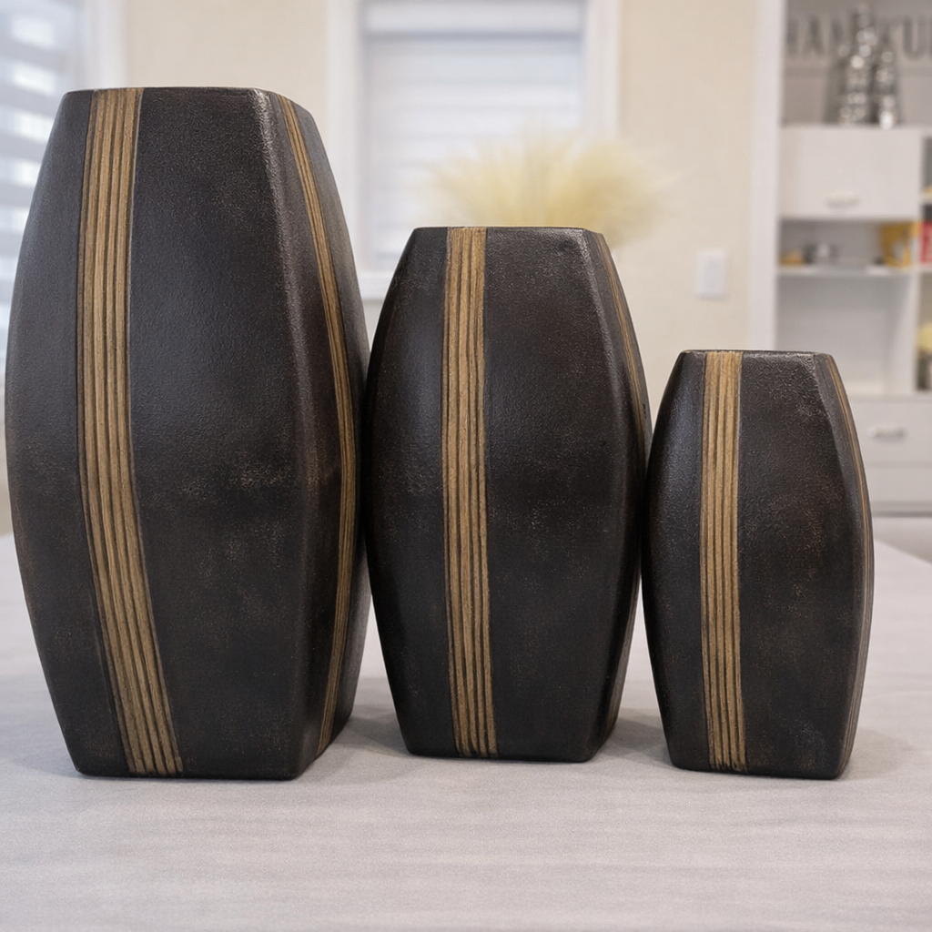 Artisan Sculptural Vases – Designer Espresso Inlay Trio