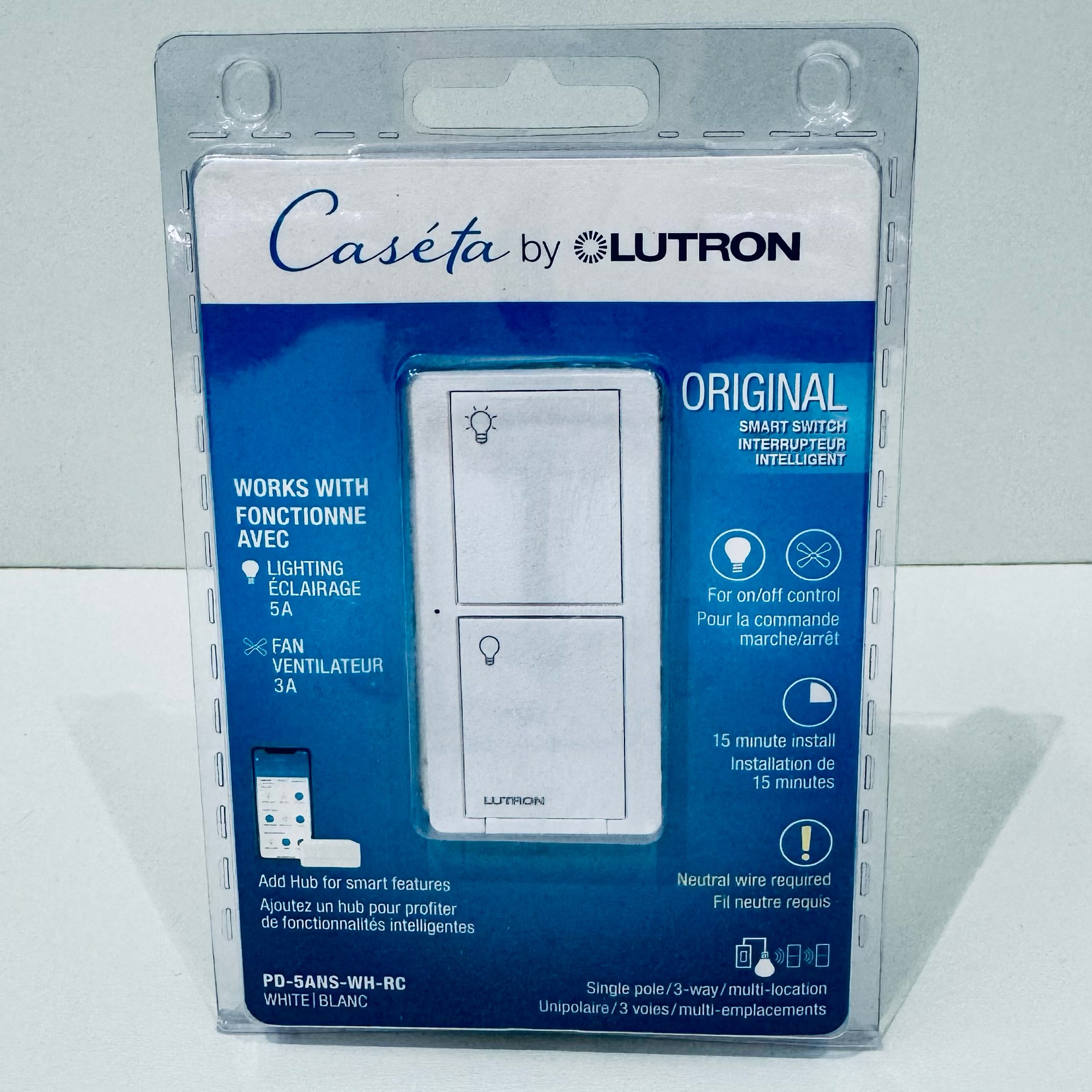 Lutron Caseta 5A in-wall neutral switch, PD-5ANS-WH-RC