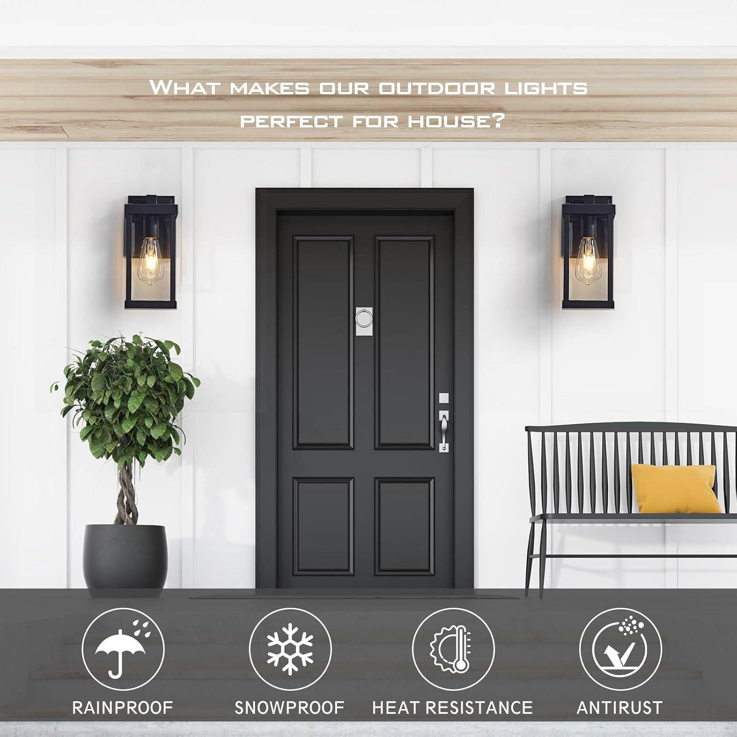 Set of 2 Black Outdoor Wall Lanterns with Clear Glass - photo 3