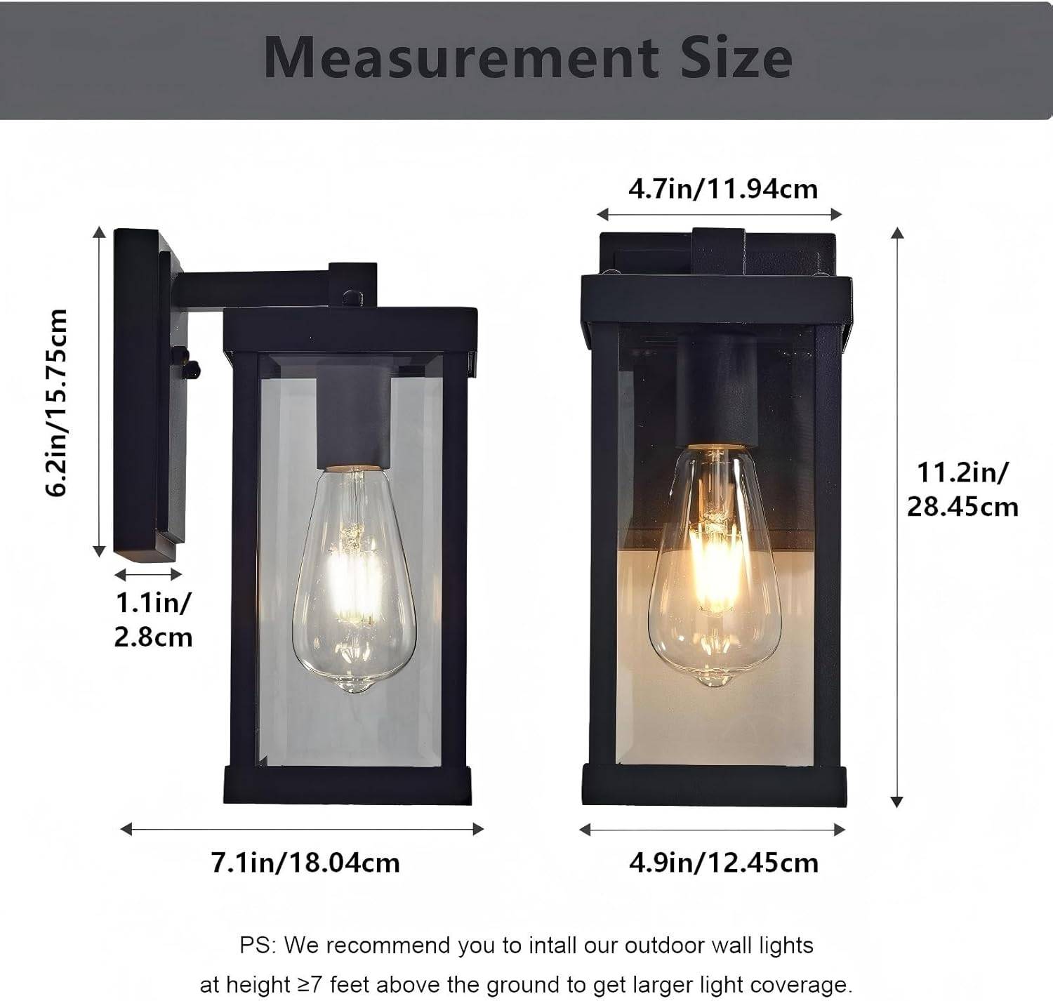 Set of 2 Black Outdoor Wall Lanterns with Clear Glass - photo 4
