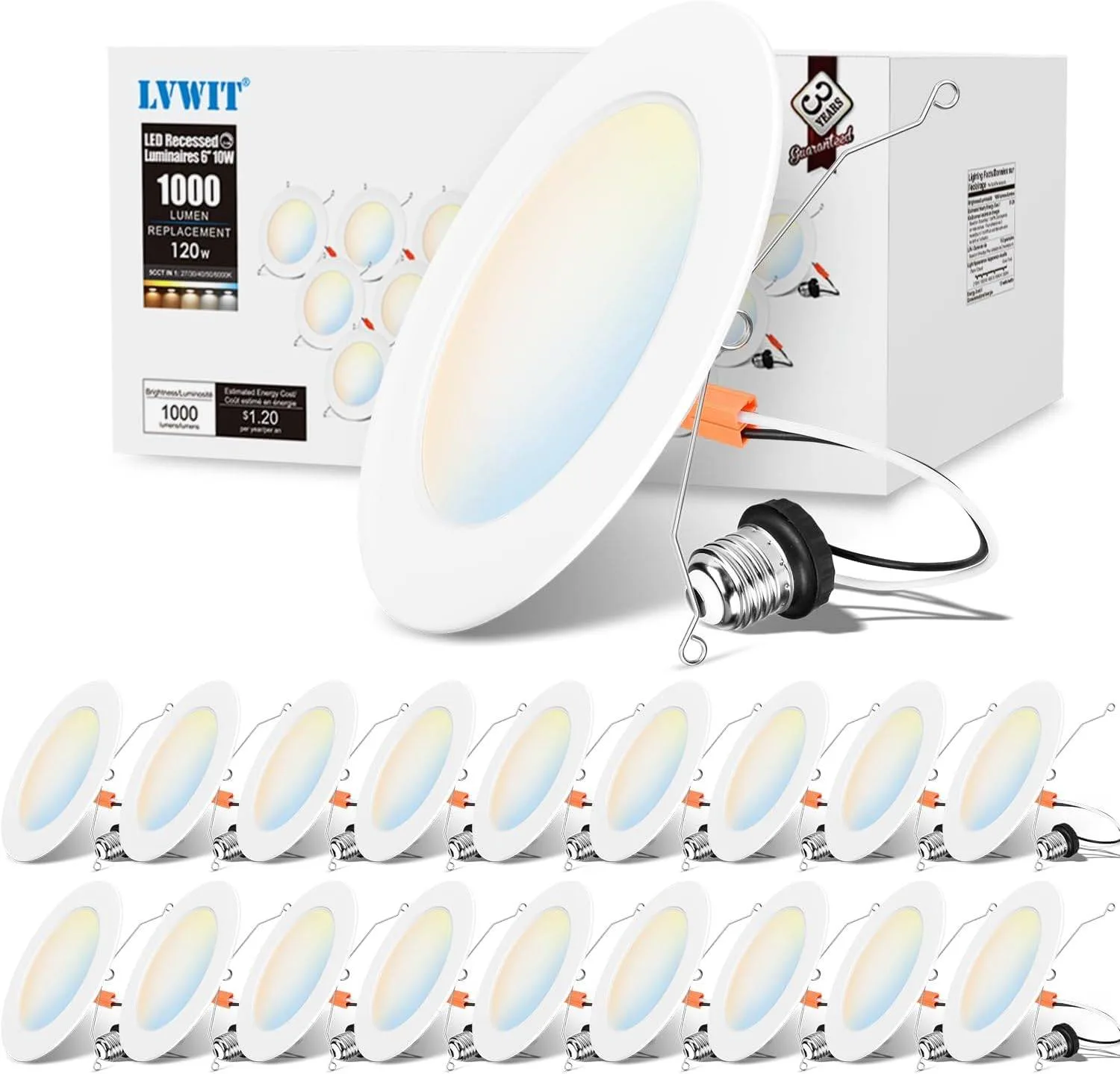 LVWIT LED 6" Recessed Light Fixture 1000 Lumens 10W