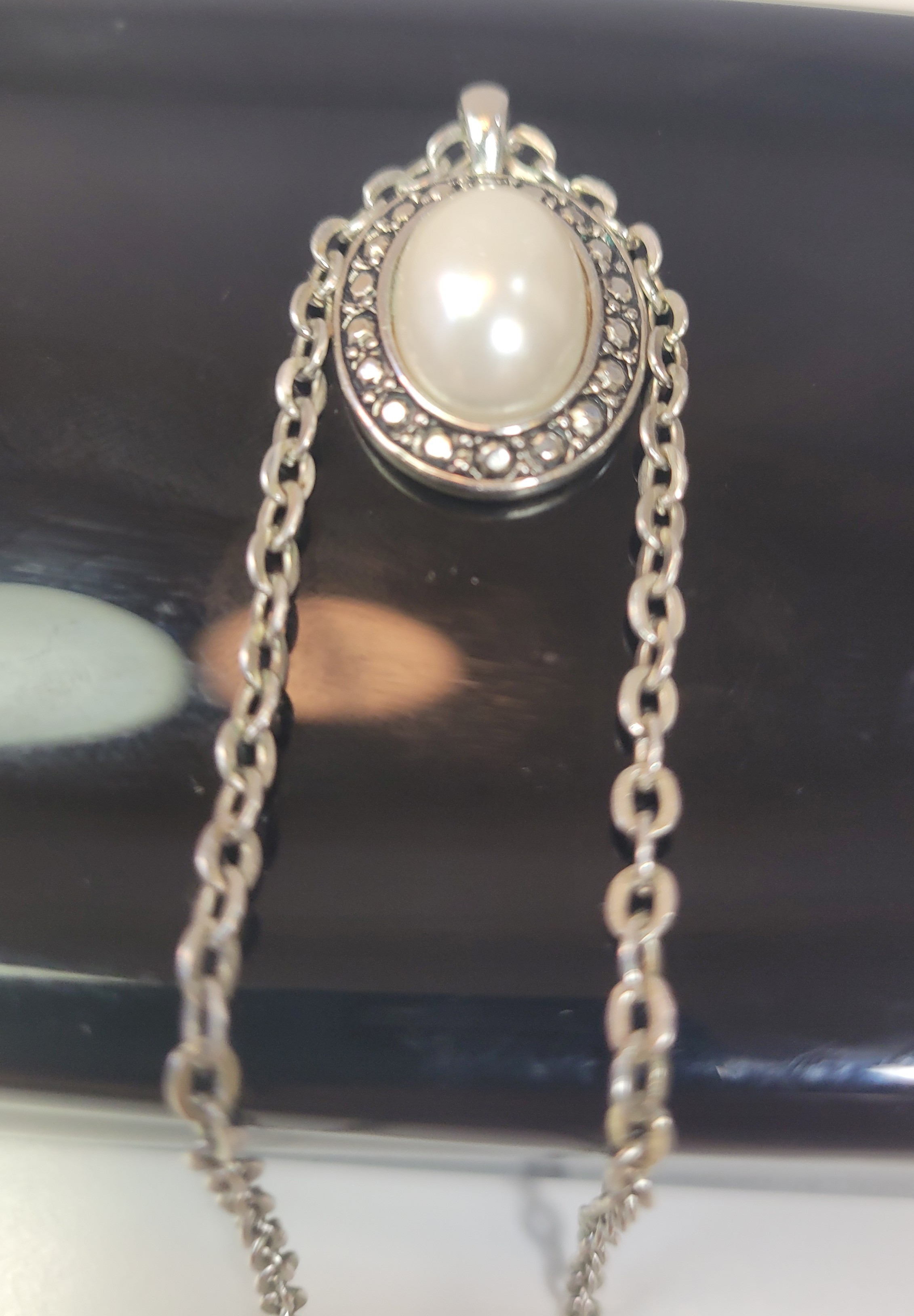 1990s Faux Pearl Pendant Necklace, Silver Tone Ornate 18 Inch - photo 4