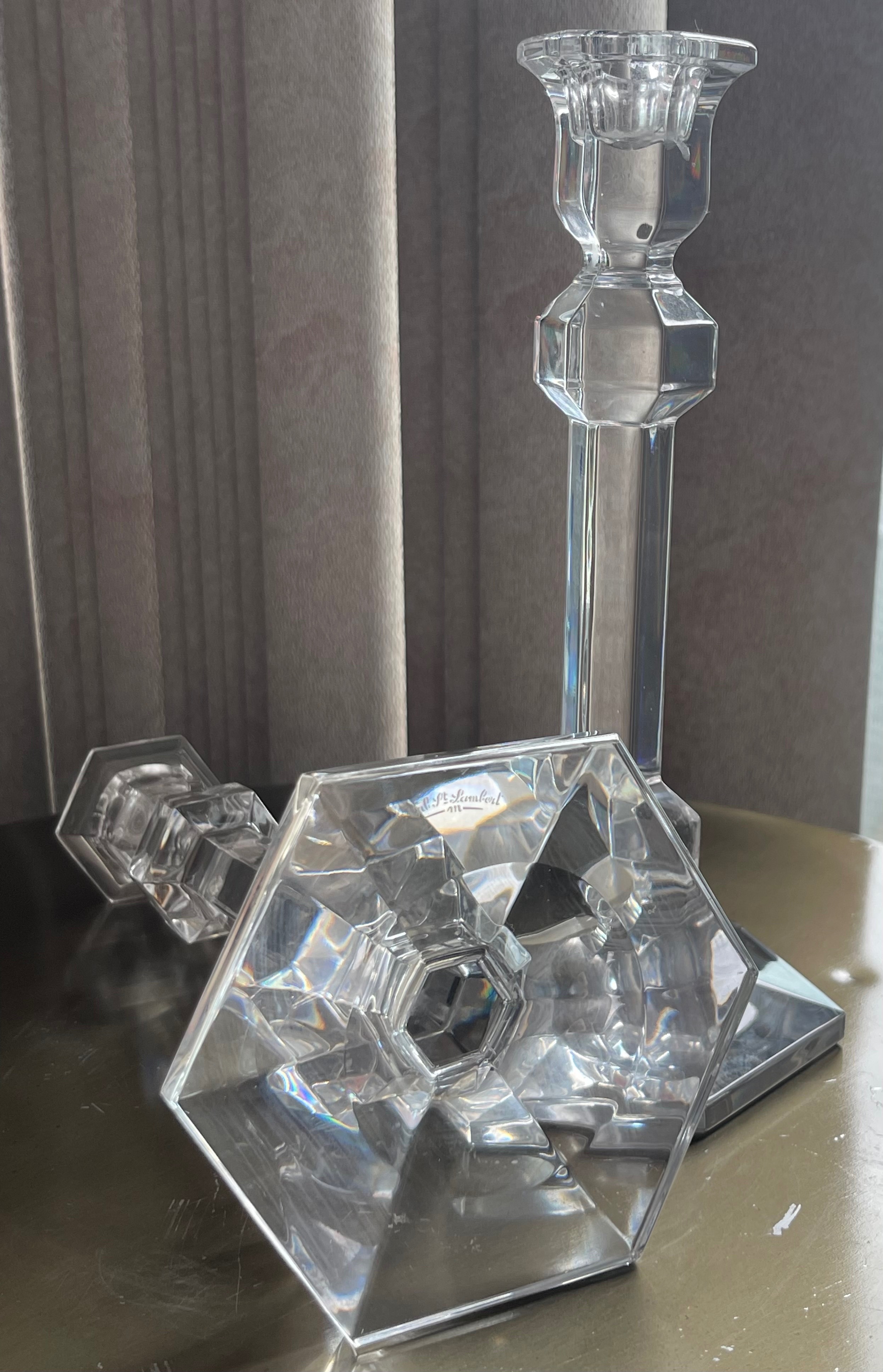 Large 9.5" Val St. Lambert Belgian Crystal Candlesticks (Signed) - photo 2