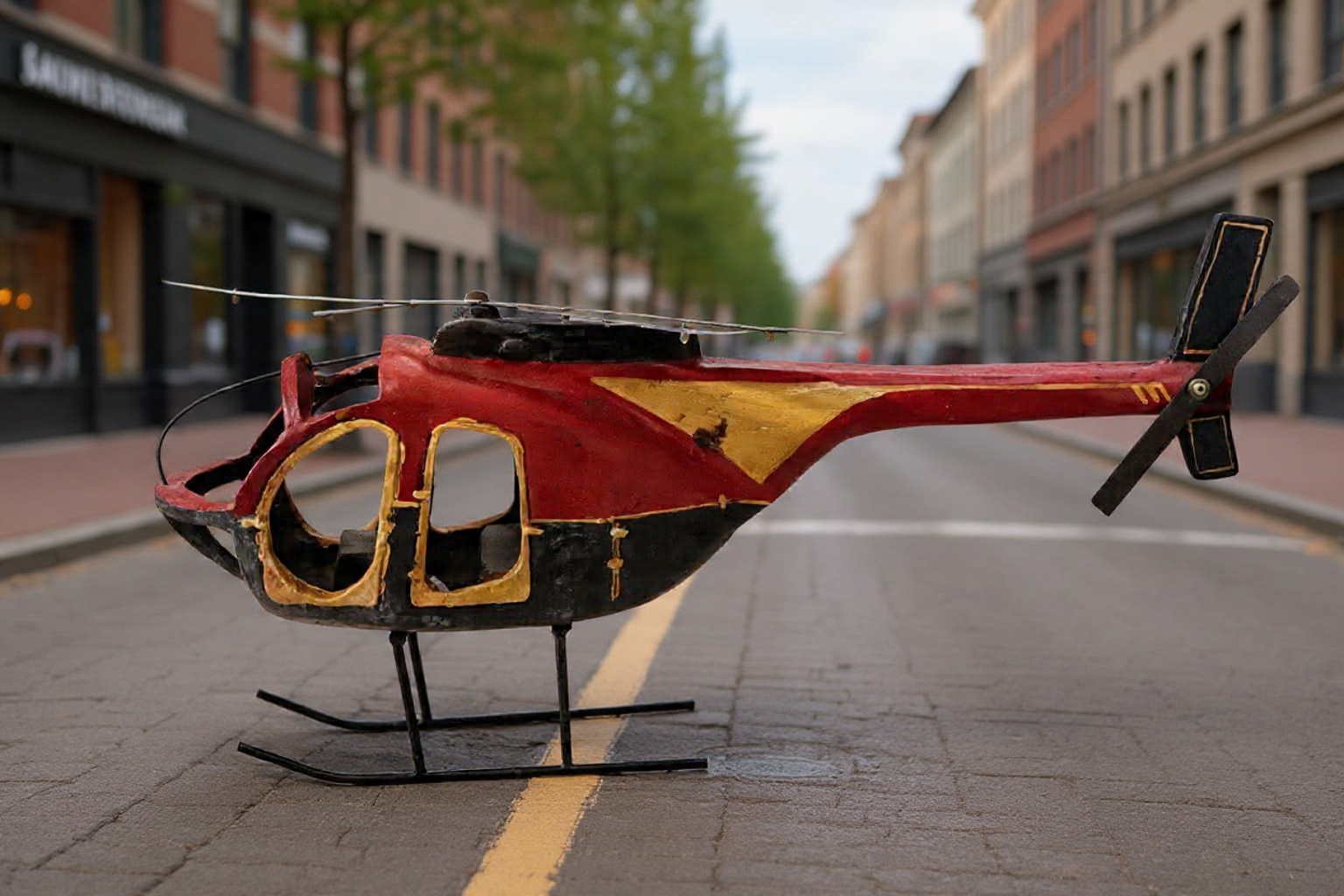 Handmade Wooden Helicopter Model - Red & Black