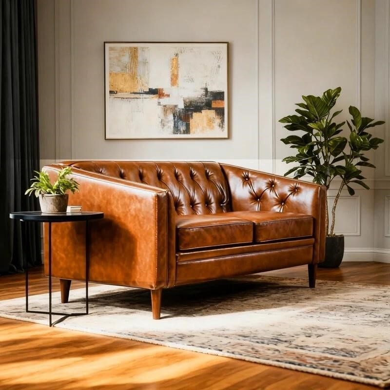 Brown Tufted Faux Leather Loveseat