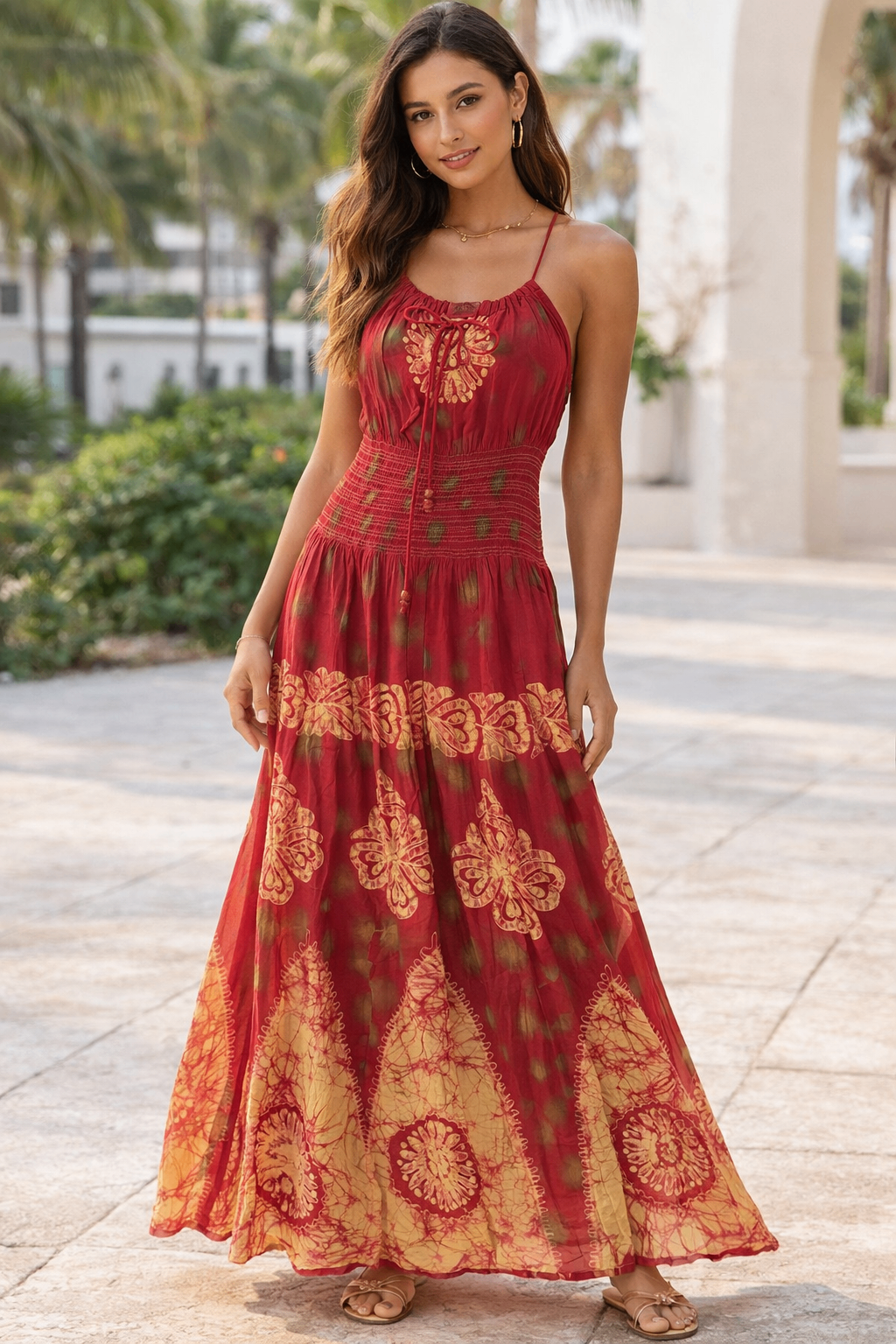 Vestido largo rojo boho con disenos dorados elegante y veraniego