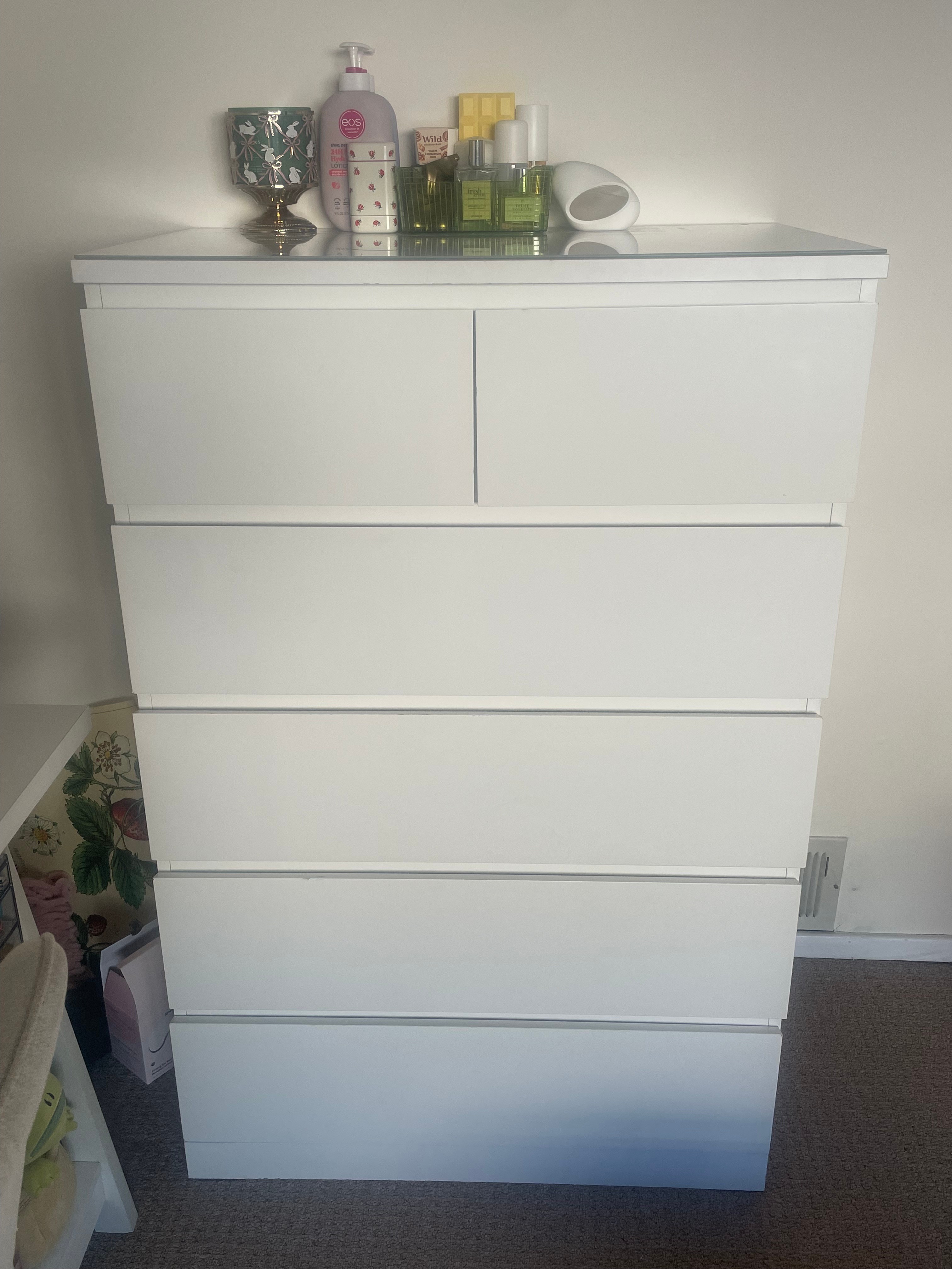 IKEA White 6-Drawer Dresser with Glass Top