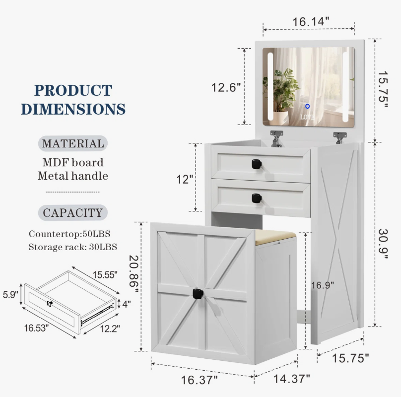 White Vanity Set with Lighted Mirror and Stool - New in box - photo 5