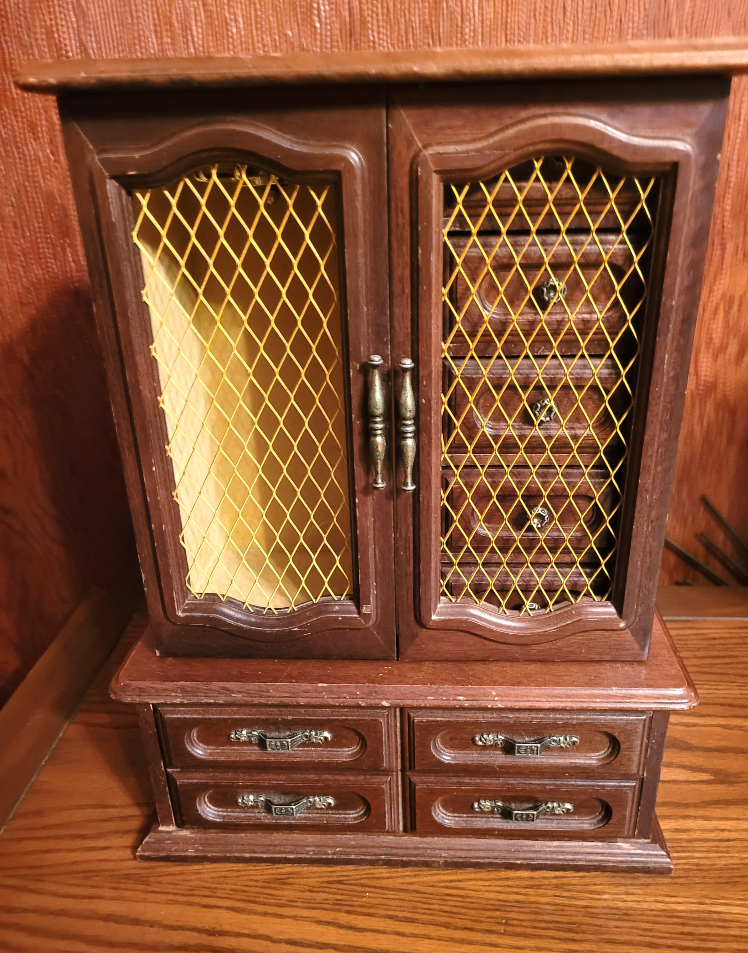 1970s Large Musical Jewelry Armoire Wood Chest Lattice- Japan
