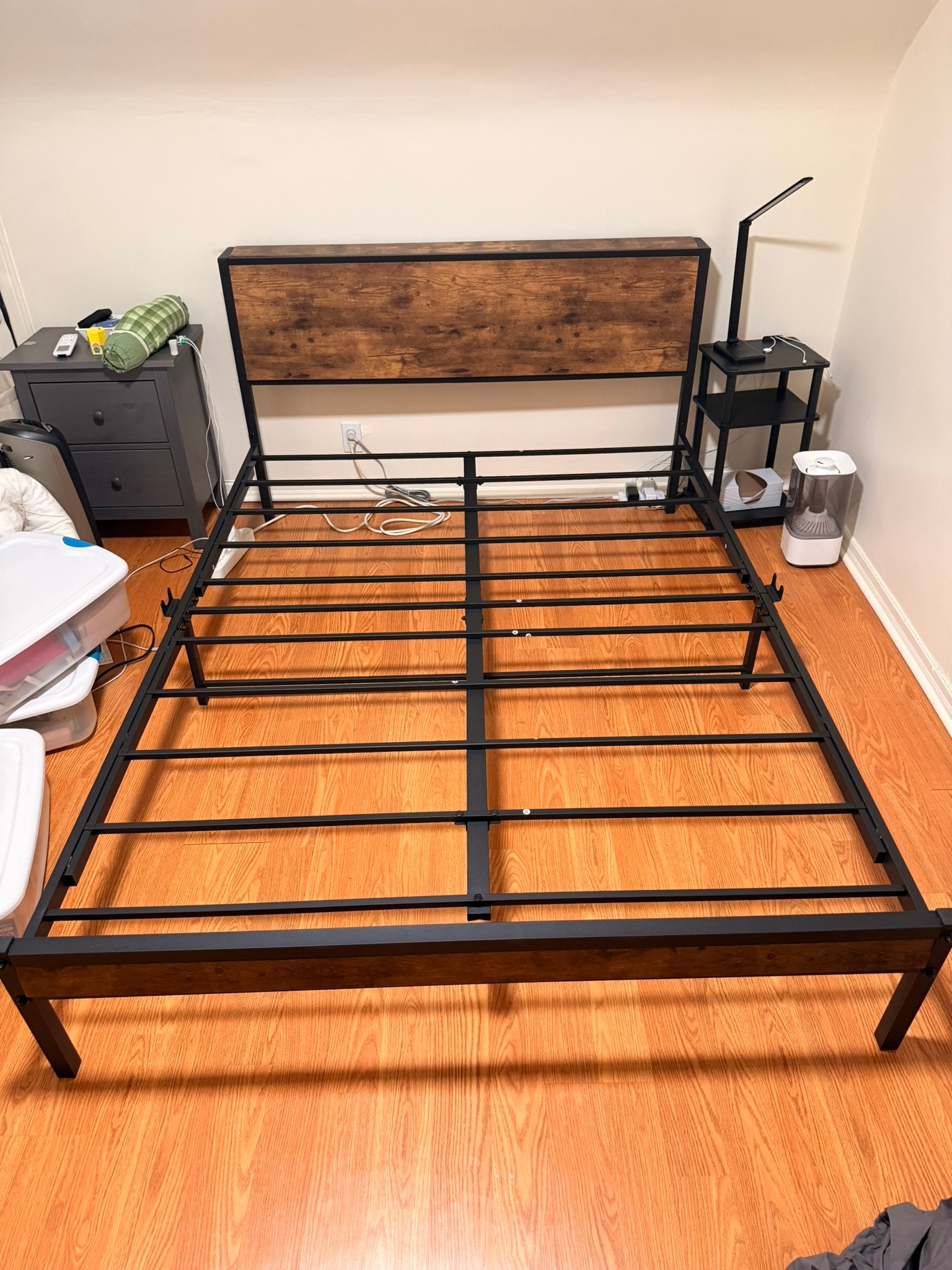 Metal Bed Frame with Wooden Headboard
