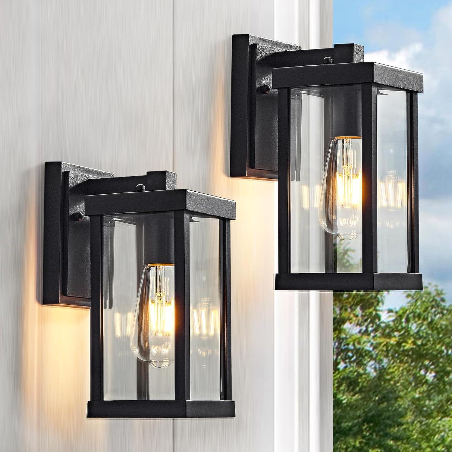 Set of 2 Black Outdoor Wall Lanterns with Clear Glass