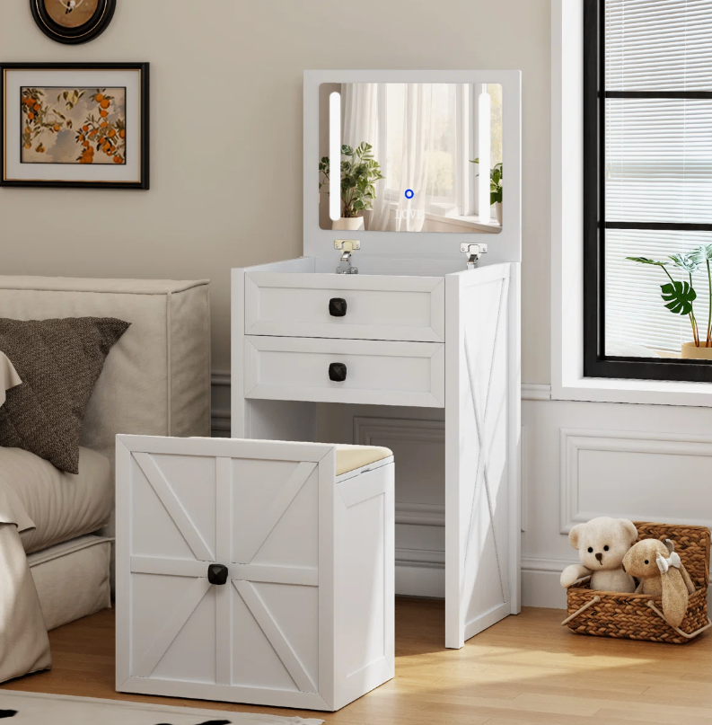 White Vanity Set with Lighted Mirror and Stool - New in box