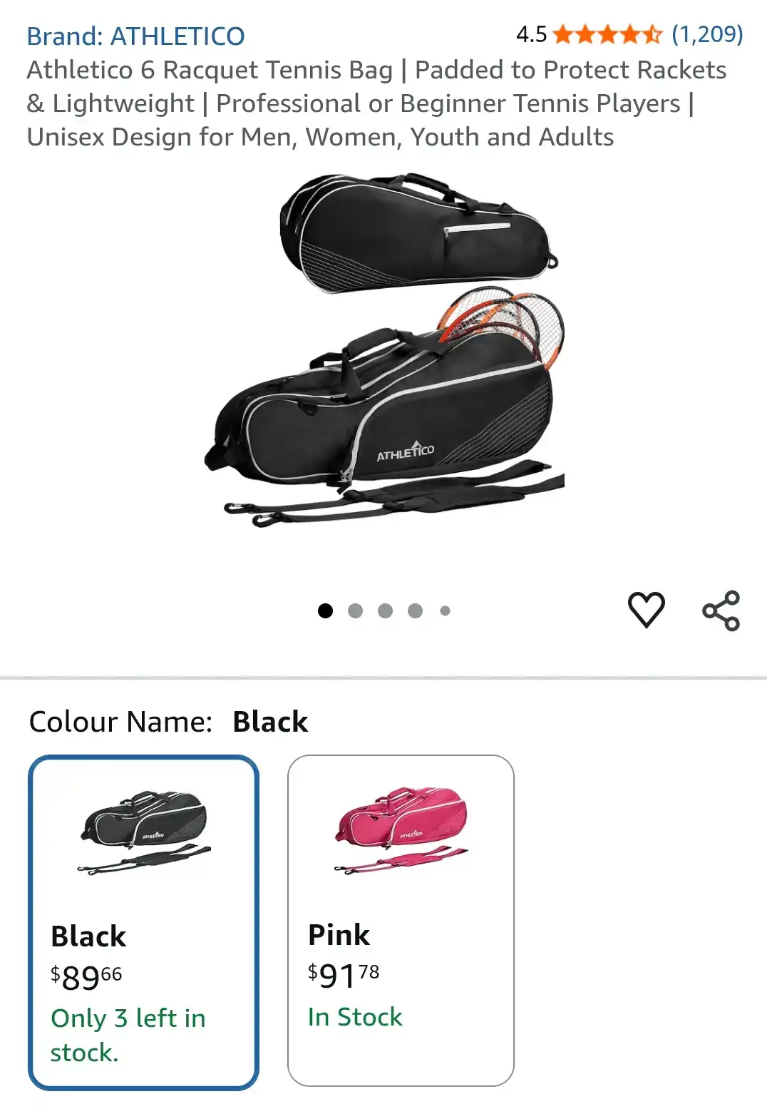 Athletico 6 Racquet Tennis Bag - Black